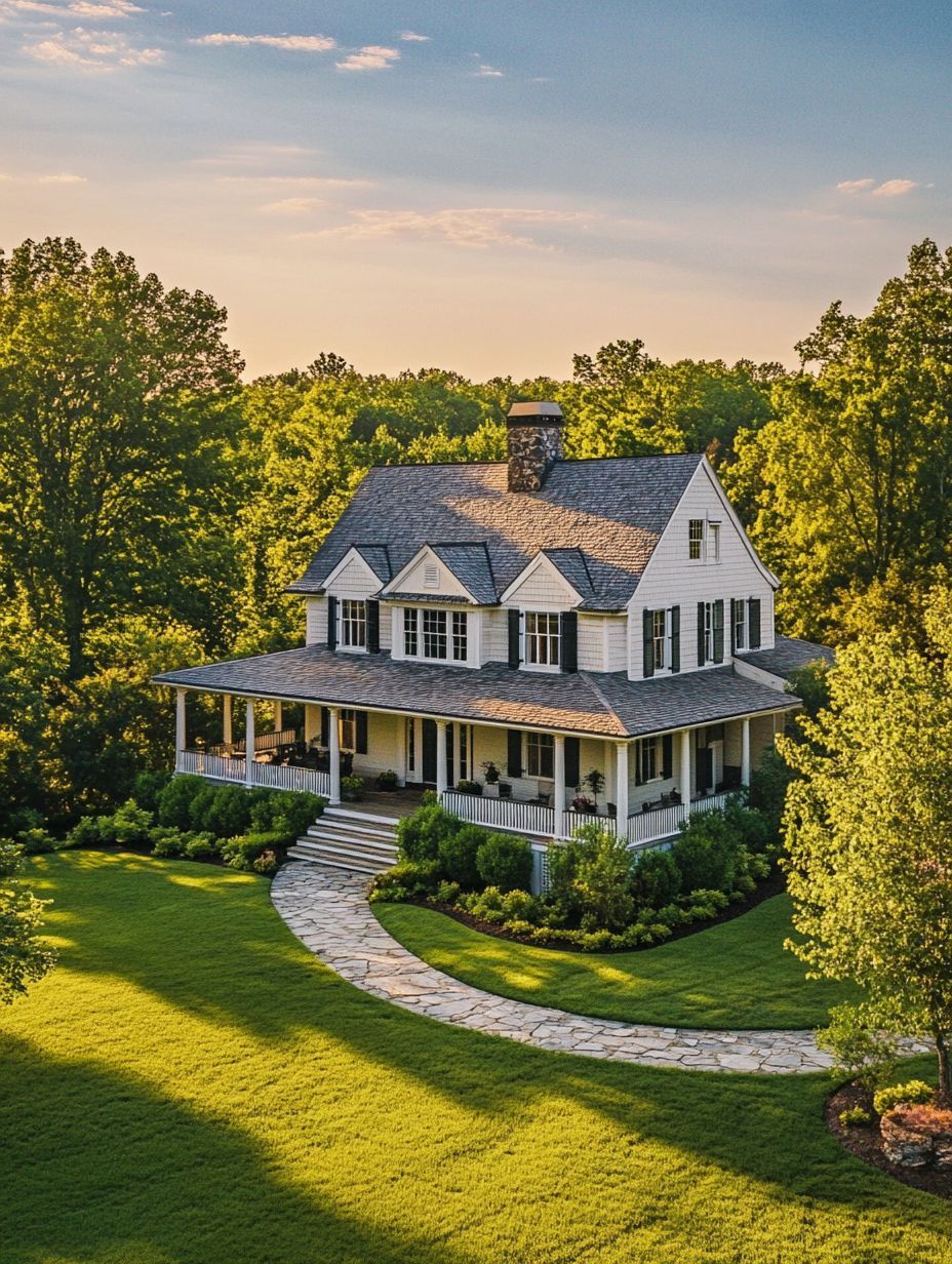 A two-story white house with a wraparound porch, surrounded by a well-manicured lawn, trees, and a curved stone walkway, under a partly cloudy sky.