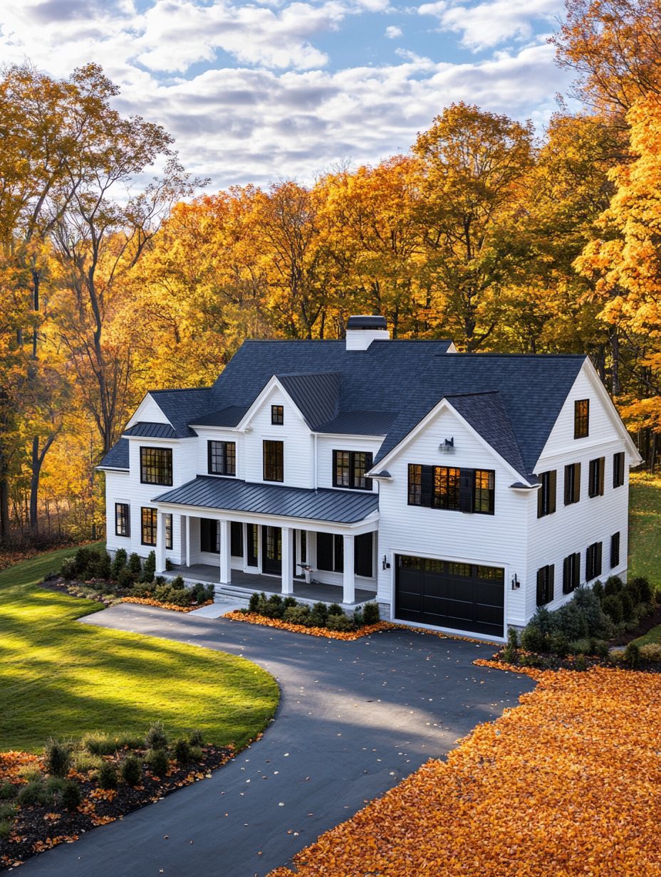 A large white two-story house with black trim sits among autumn trees, with a curved driveway and fallen leaves on the lawn and pavement.