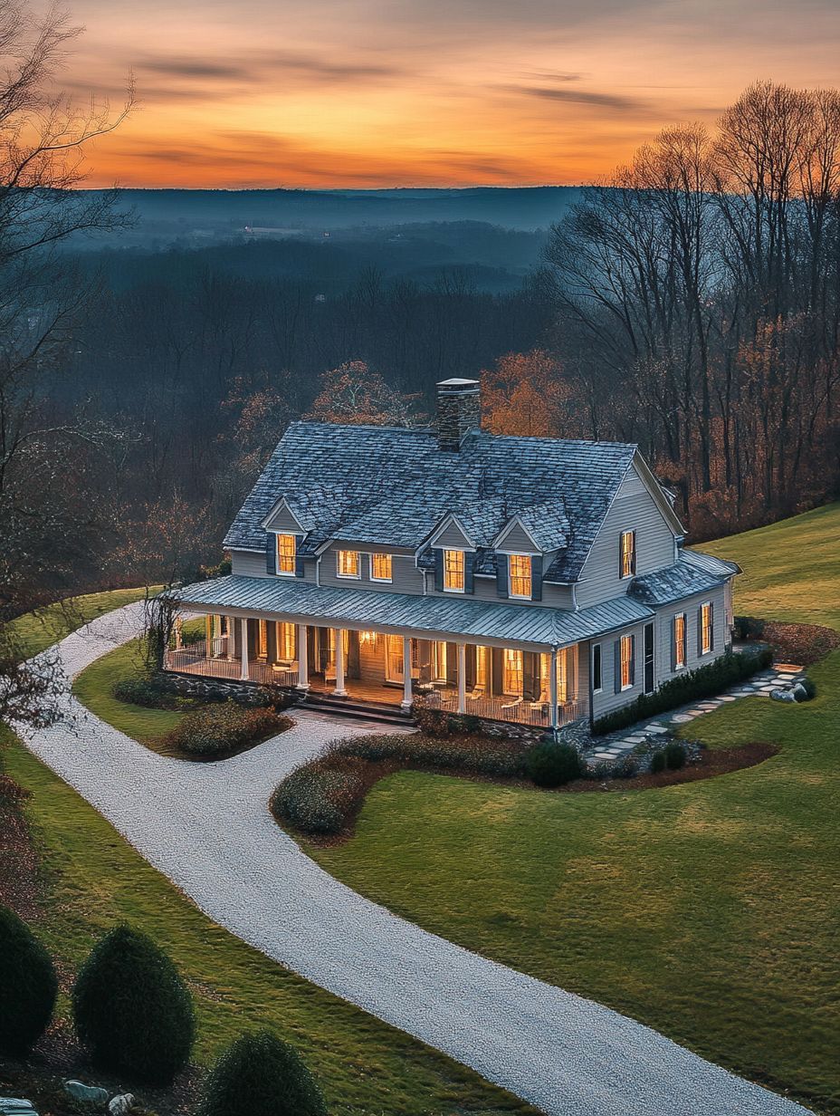 A two-story house with a wraparound porch and lit windows sits along a curved gravel driveway, surrounded by lawn and trees at sunset.