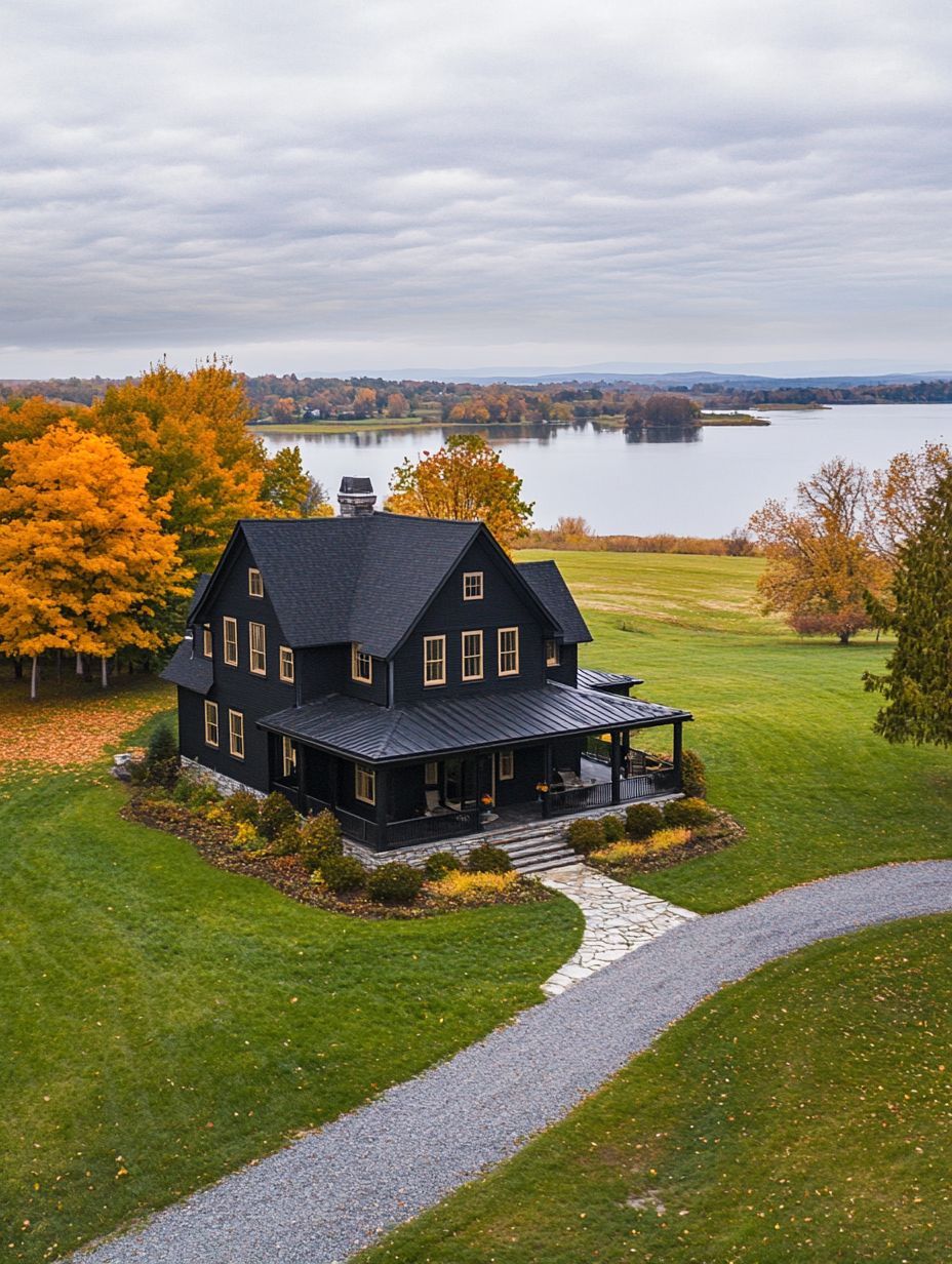 A black two-story house with a porch sits on a grassy lawn near a lake, surrounded by autumn trees; a gravel driveway curves in front.