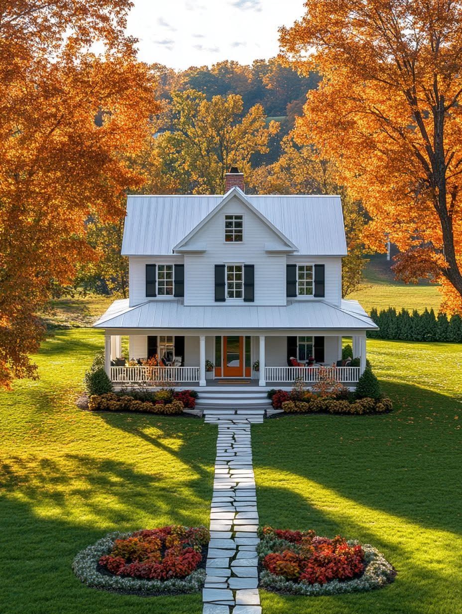A white two-story house with a front porch, surrounded by autumn trees and a well-kept lawn with a stone walkway and flower beds.