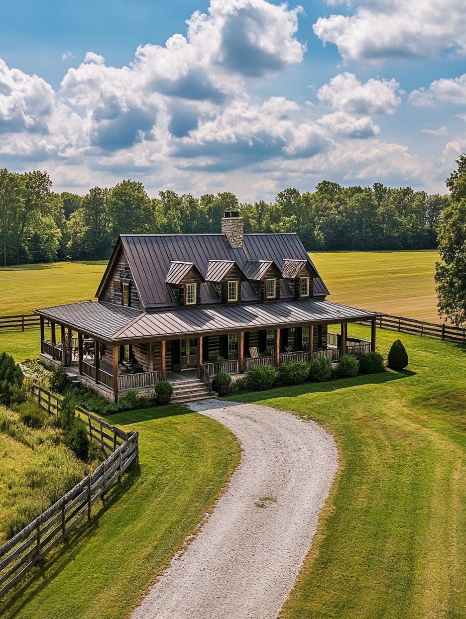 A rustic wooden house with a metal roof and wraparound porch sits along a curved gravel driveway, surrounded by fields, trees, and a wooden fence under a partly cloudy sky.