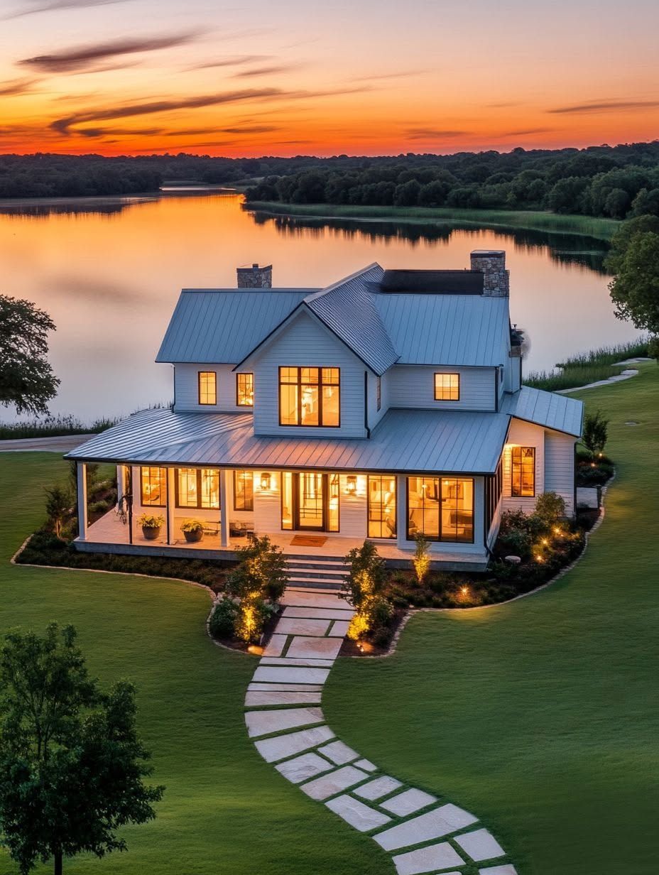 A modern two-story house with large windows and a wraparound porch is situated by a lake at sunset, surrounded by green lawn and landscaped paths.