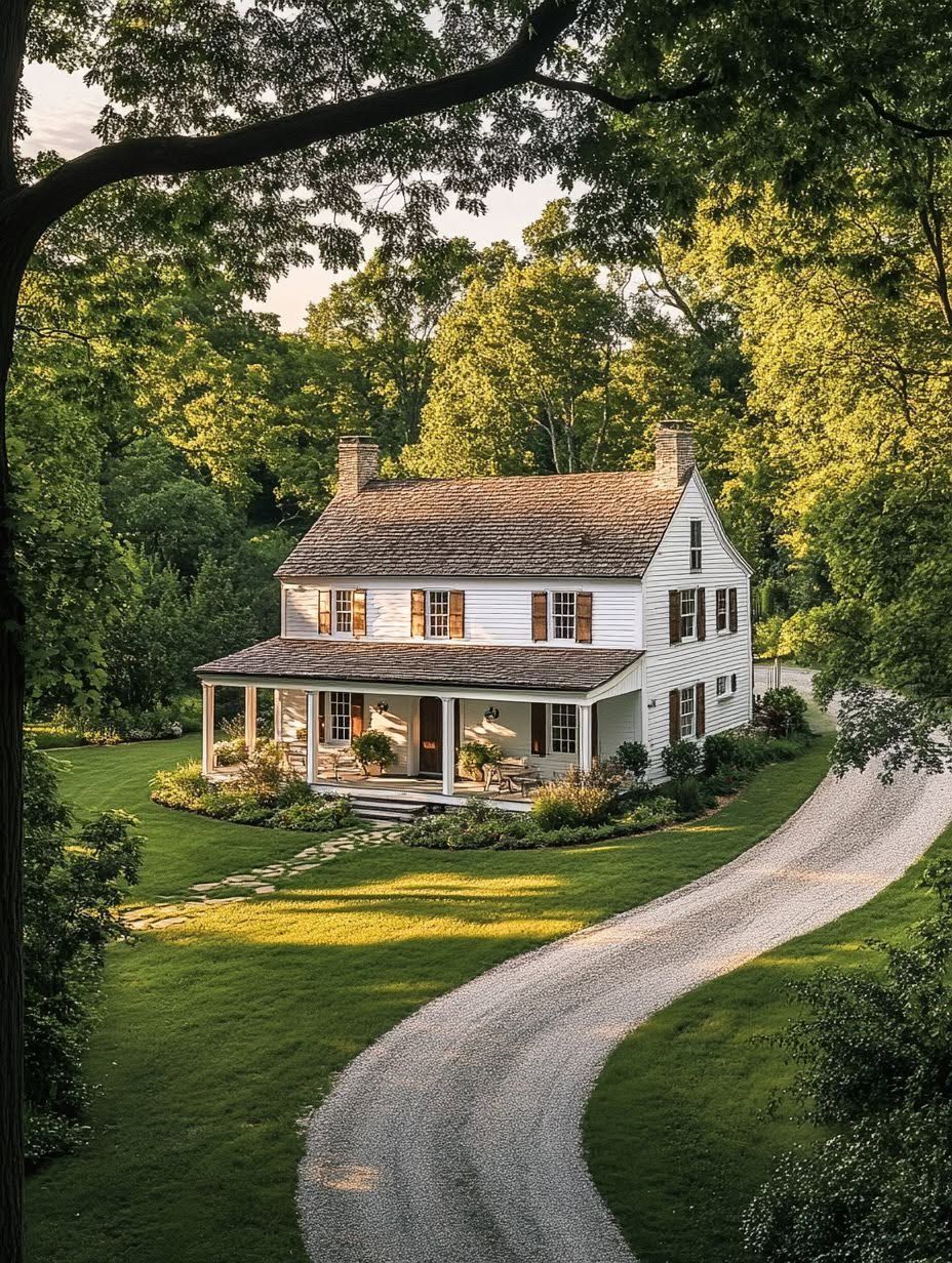 A white two-story house with a porch sits beside a curved gravel driveway, surrounded by green lawns and trees under daylight.
