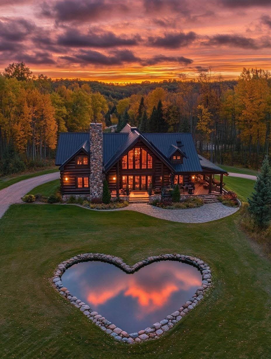 A log cabin with lit windows stands near a heart-shaped pond, surrounded by autumn trees at sunset.