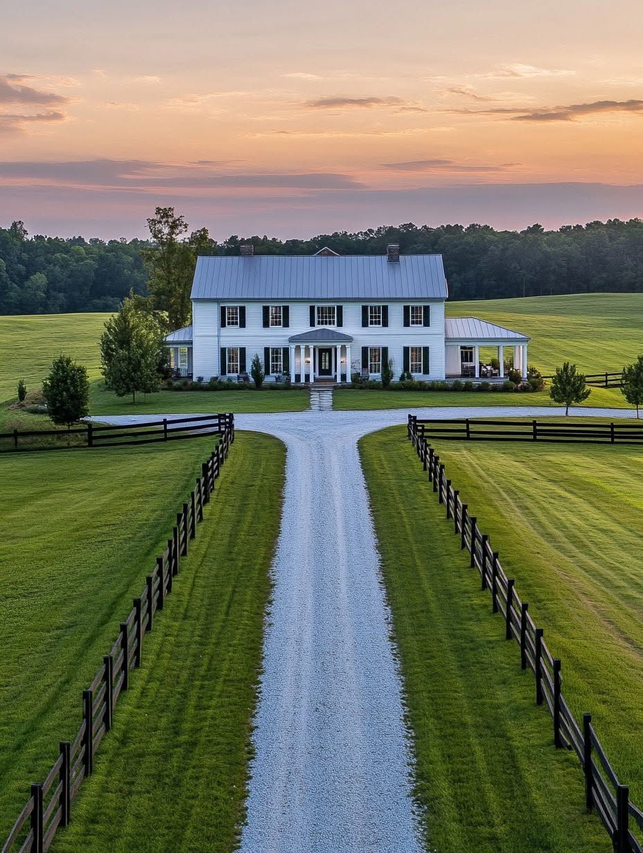 White farmhouse with a wraparound porch sits at the end of a long gravel driveway, surrounded by green lawns, trees, and black wooden fences at sunset.