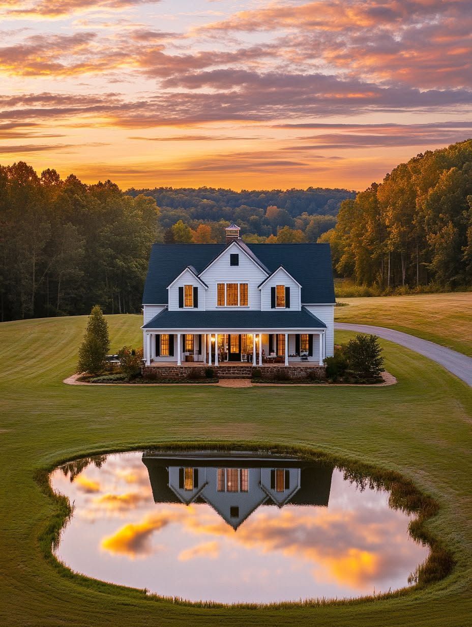 A white two-story house with a porch sits on a large lawn, with a small pond in front reflecting the house and a colorful sunset sky. Woods border the scene in the background.