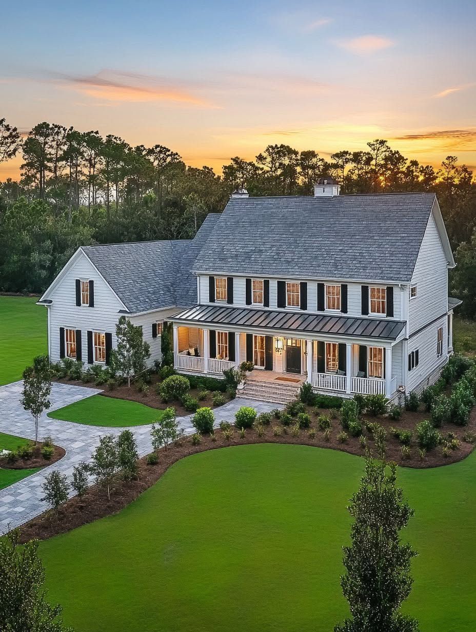 A large two-story house with a wraparound porch, gray siding, and black shutters sits on a manicured lawn with a stone driveway at sunset.