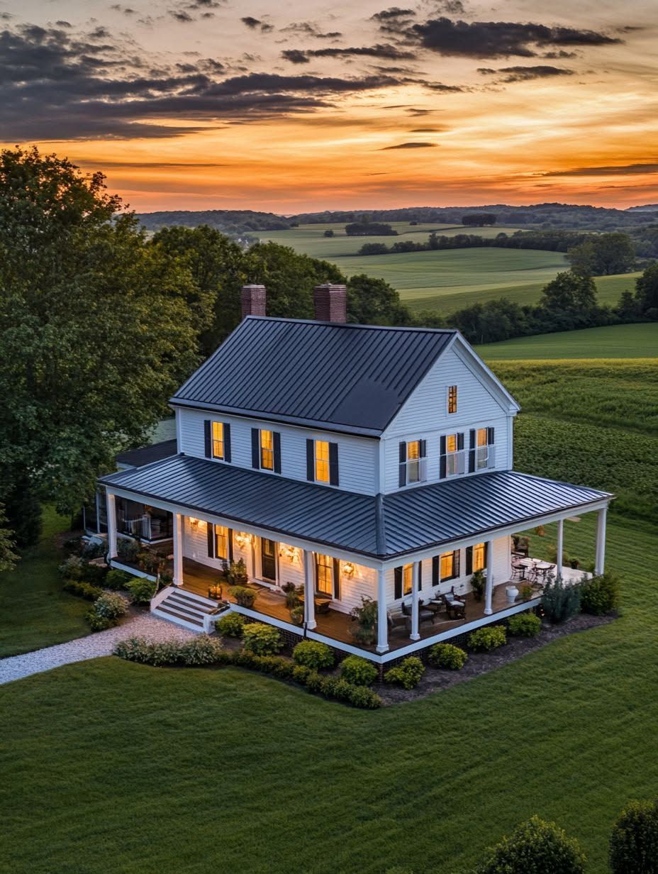 A two-story white farmhouse with a wraparound porch sits on a well-manicured lawn, surrounded by fields, at sunset. Lights are on inside the house.