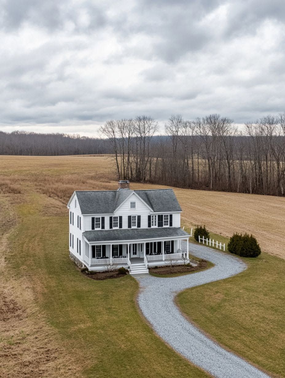 A white two-story house with a front porch sits at the end of a curved gravel driveway, surrounded by fields and leafless trees under a cloudy sky.