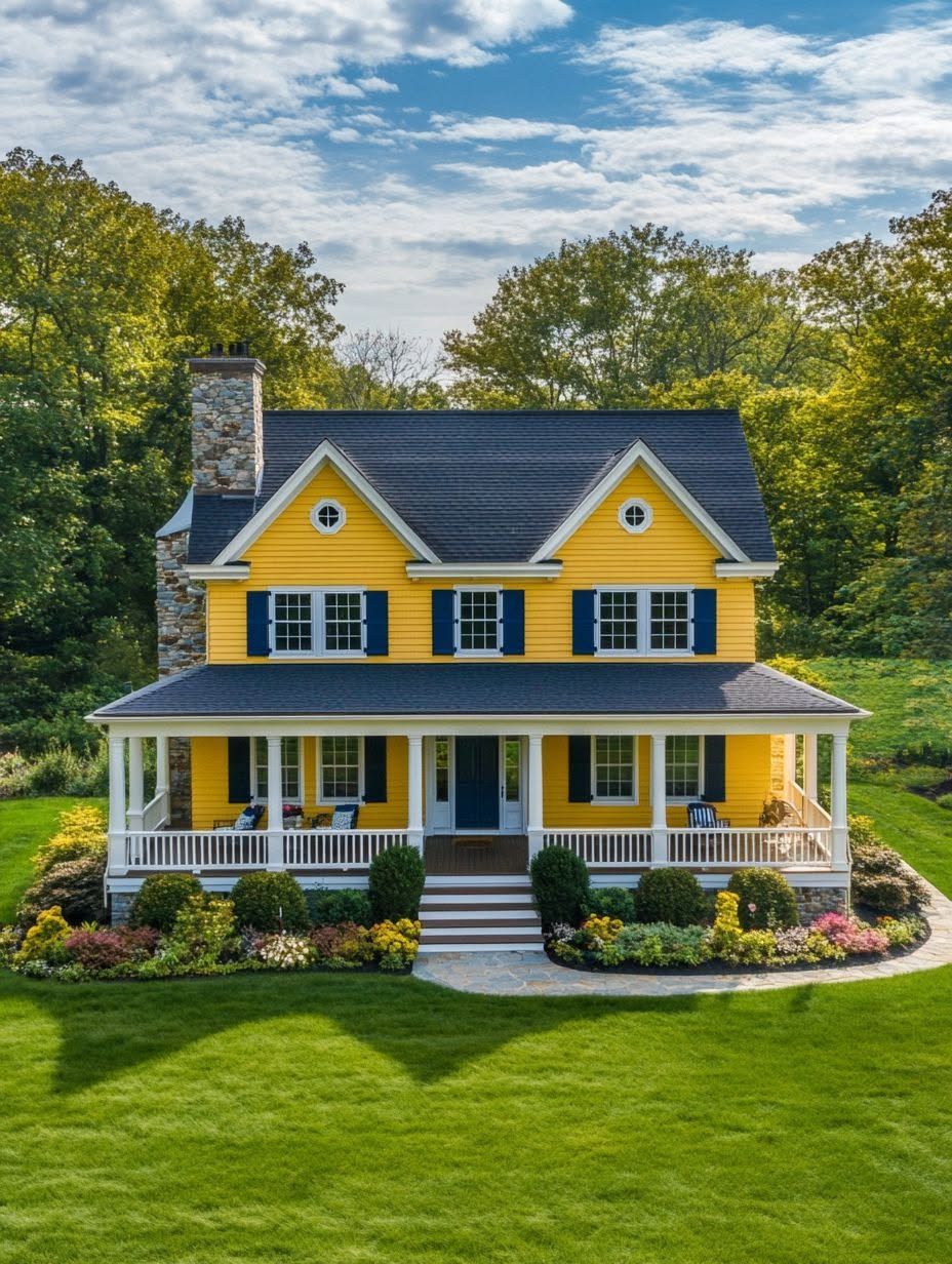 A two-story yellow house with white trim, a front porch, blue shutters, and a stone chimney, set on a green lawn with landscaped gardens and trees in the background.