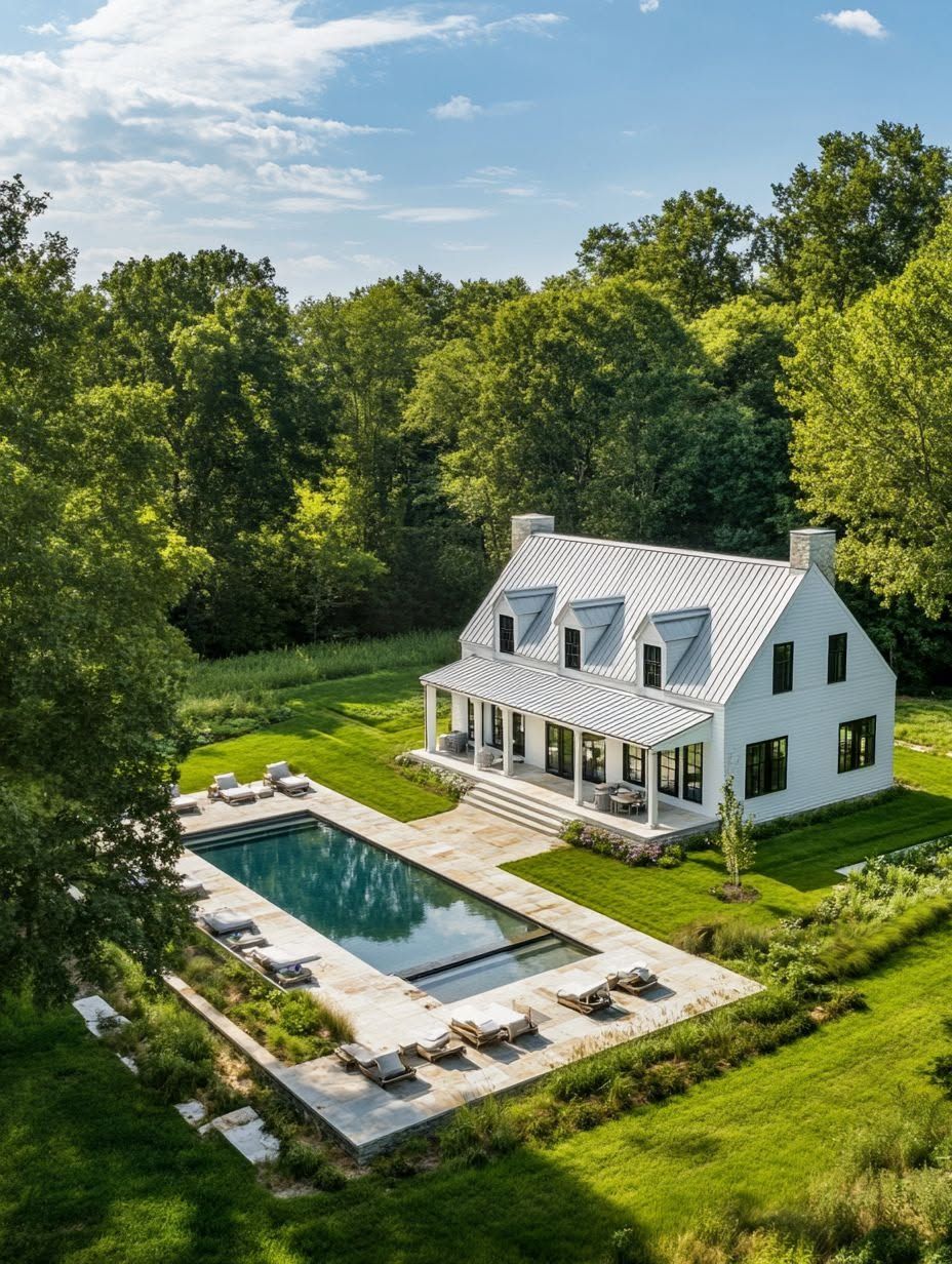 A modern white house with a metal roof sits beside a rectangular swimming pool, surrounded by green lawn, trees, and lounge chairs on a sunny day.