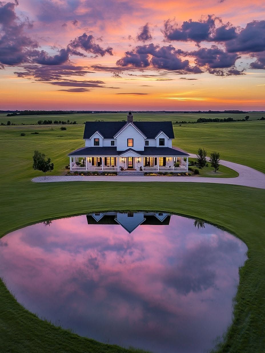 A white house with a wraparound porch sits near a round pond reflecting the sunset and sky, surrounded by open green fields under a colorful evening sky.