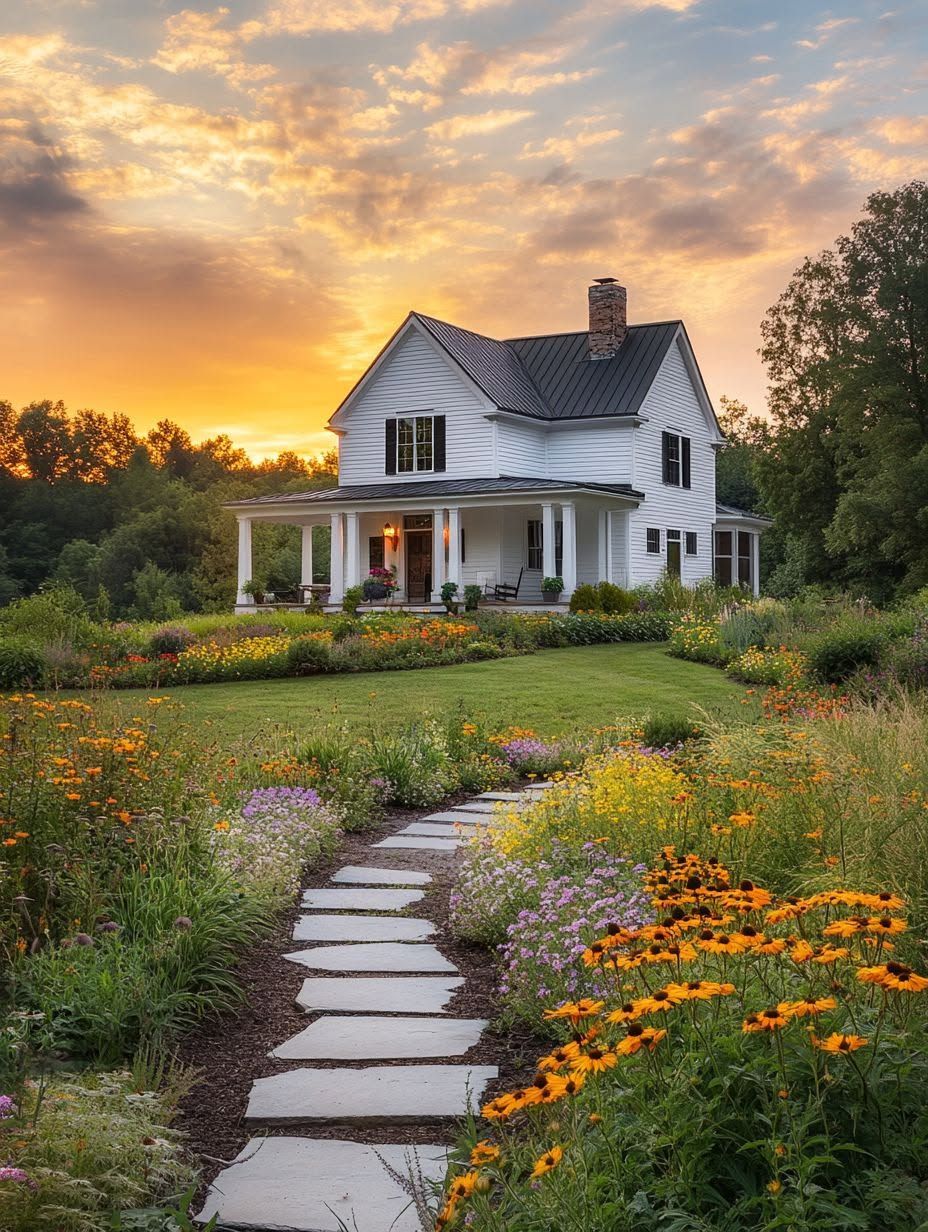 A white two-story house with a wraparound porch sits in a garden with colorful flowers and a stone path, under a sunset sky.