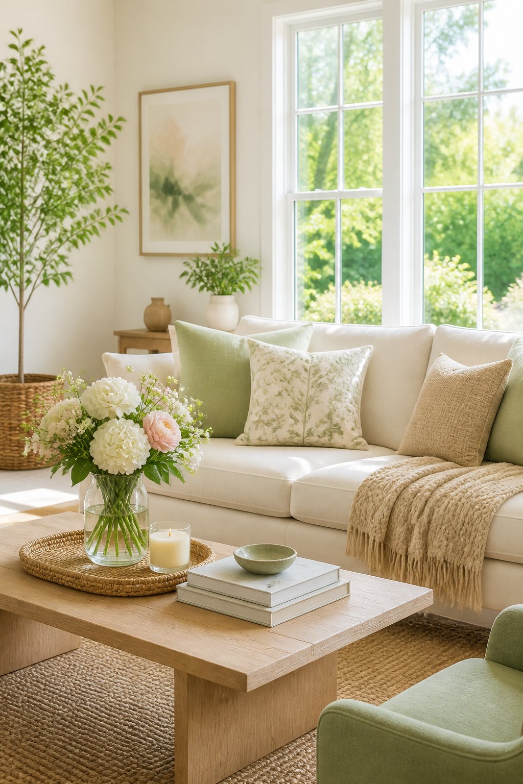 Bright living room with a white sofa, light green pillows, a wooden coffee table with a vase of flowers, books, and a candle, near large windows and indoor plants.