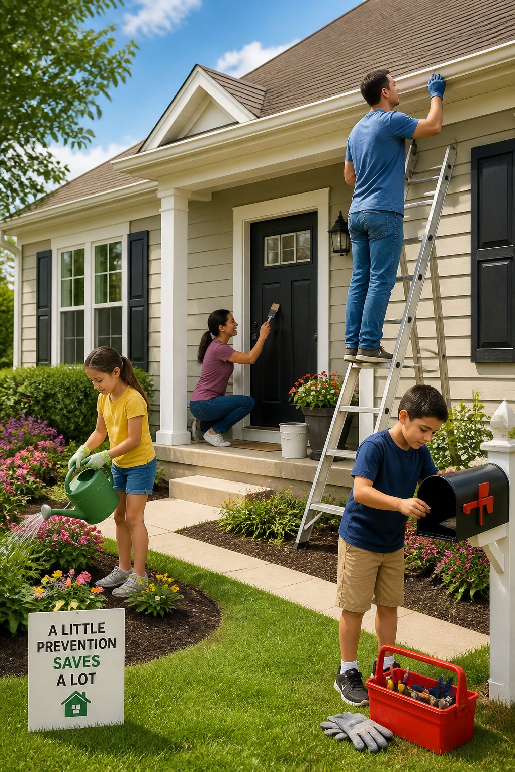 Four people perform home maintenance tasks outdoors; a man on a ladder, a woman cleaning a door, a girl watering plants, and a boy checking a mailbox. A sign reads, "A little prevention saves a lot.
