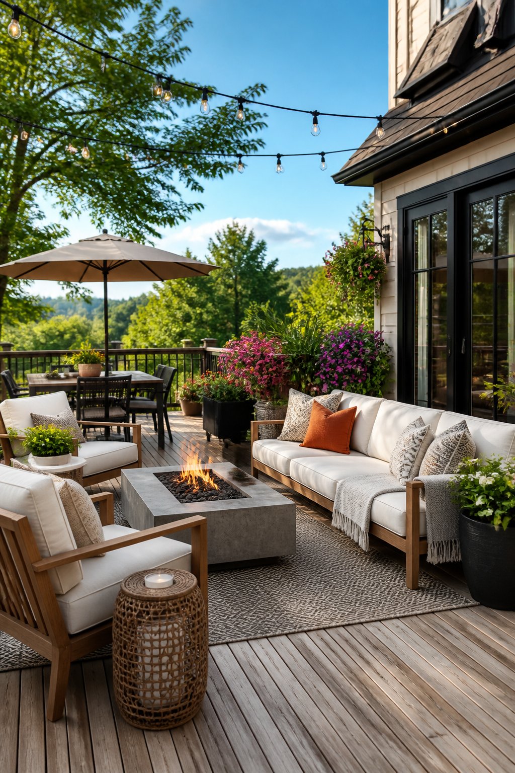 Contemporary outdoor patio with wooden furniture, a fire pit, potted plants, string lights, and an umbrella, set on a deck with trees and greenery in the background.