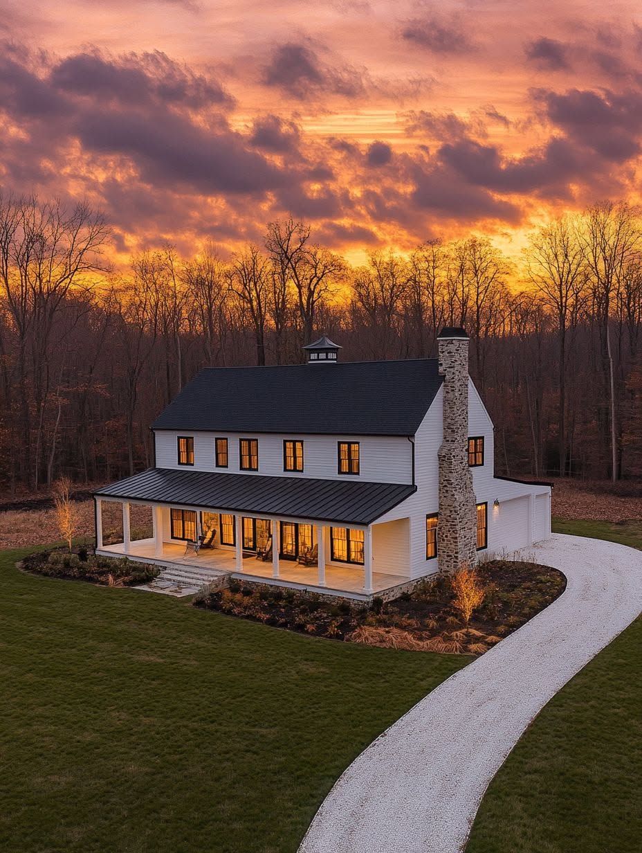 Two-story white farmhouse with a wraparound porch and stone chimney, surrounded by lawn and trees, under a dramatic sunset sky with vibrant clouds. Curved gravel driveway in front.