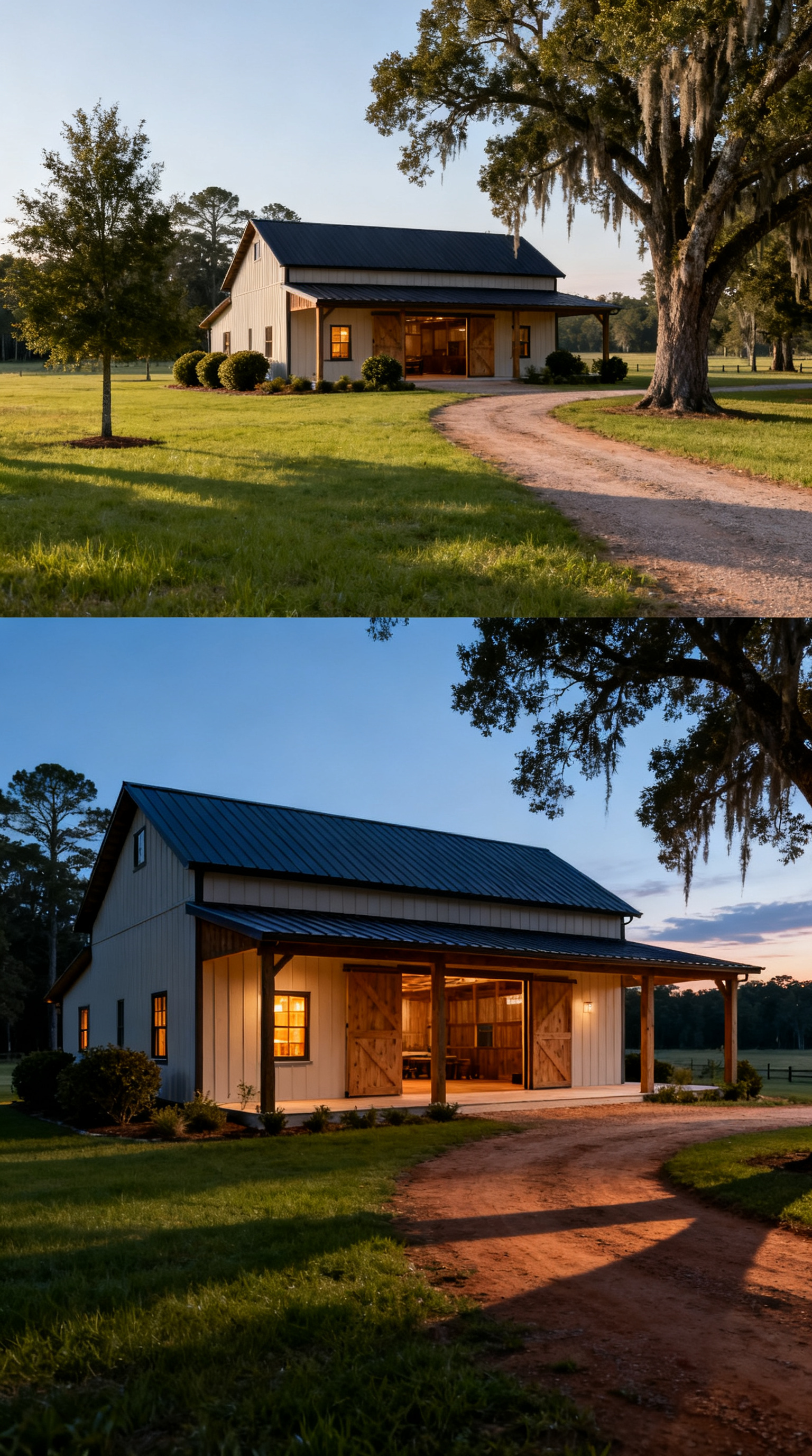 A modern barn-style house with a metal roof, large front porch, and double wooden doors sits by a curved gravel driveway, surrounded by green lawn and trees at sunset.
