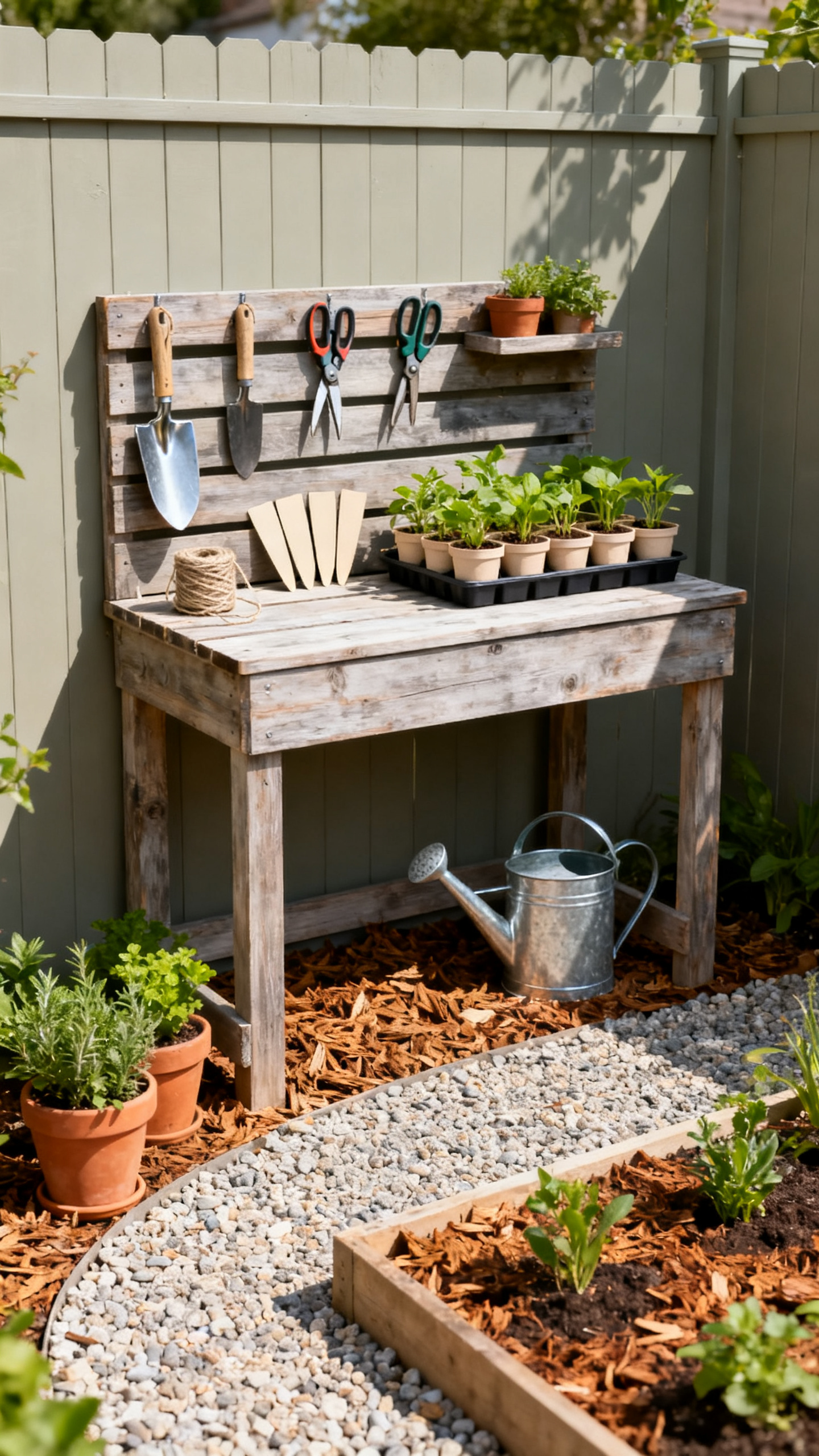 Garden corner ideas with a compact potting bench, tools, potted herbs, mulch, and gravel