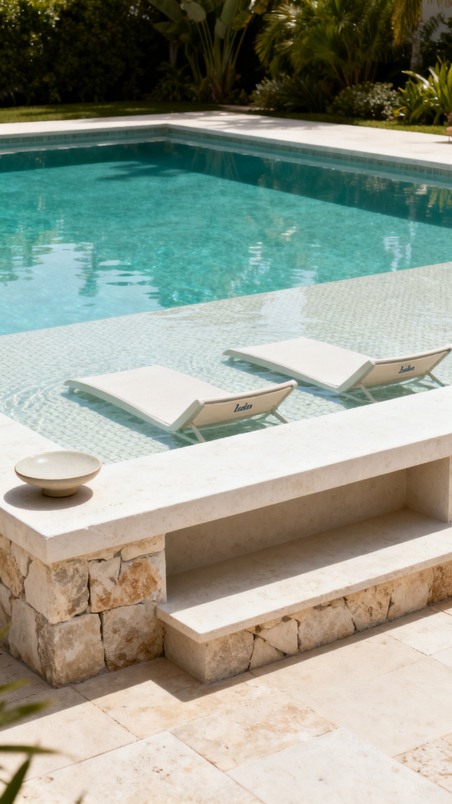 Pool ideas with a shallow lounging ledge, pale stone edge, aqua water, and in-water loungers
