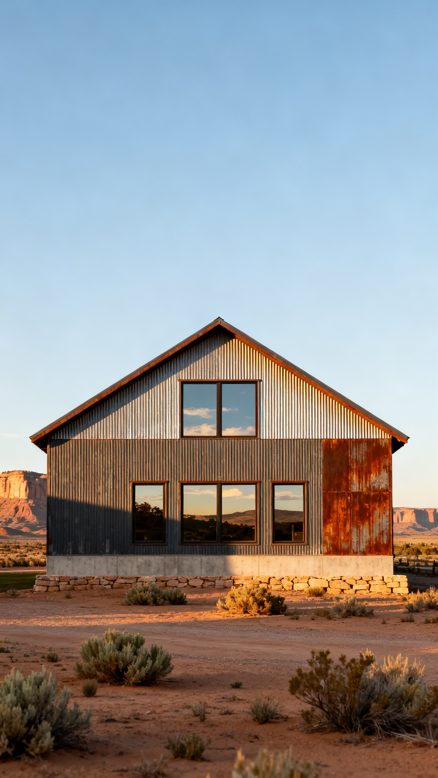 New Mexico barndominium with clean gabled roofline in a desert mesa setting