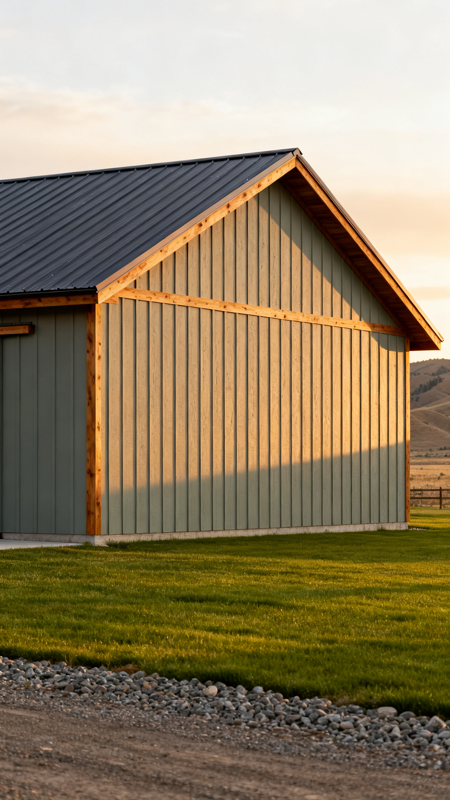 Idaho barndominium exterior with simple gabled metal roof on rural land