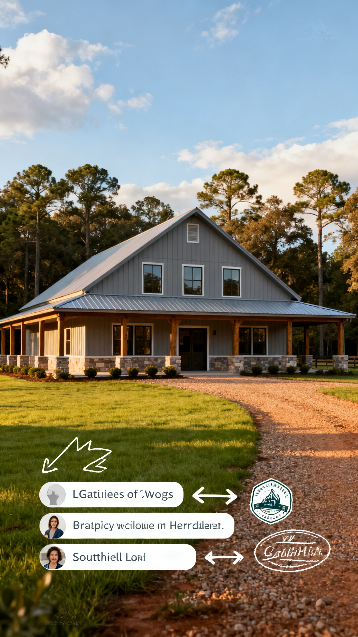 A modern farmhouse with a gray metal roof sits behind a gravel driveway, surrounded by green grass and tall trees. Text overlays with illegible names appear at the bottom.