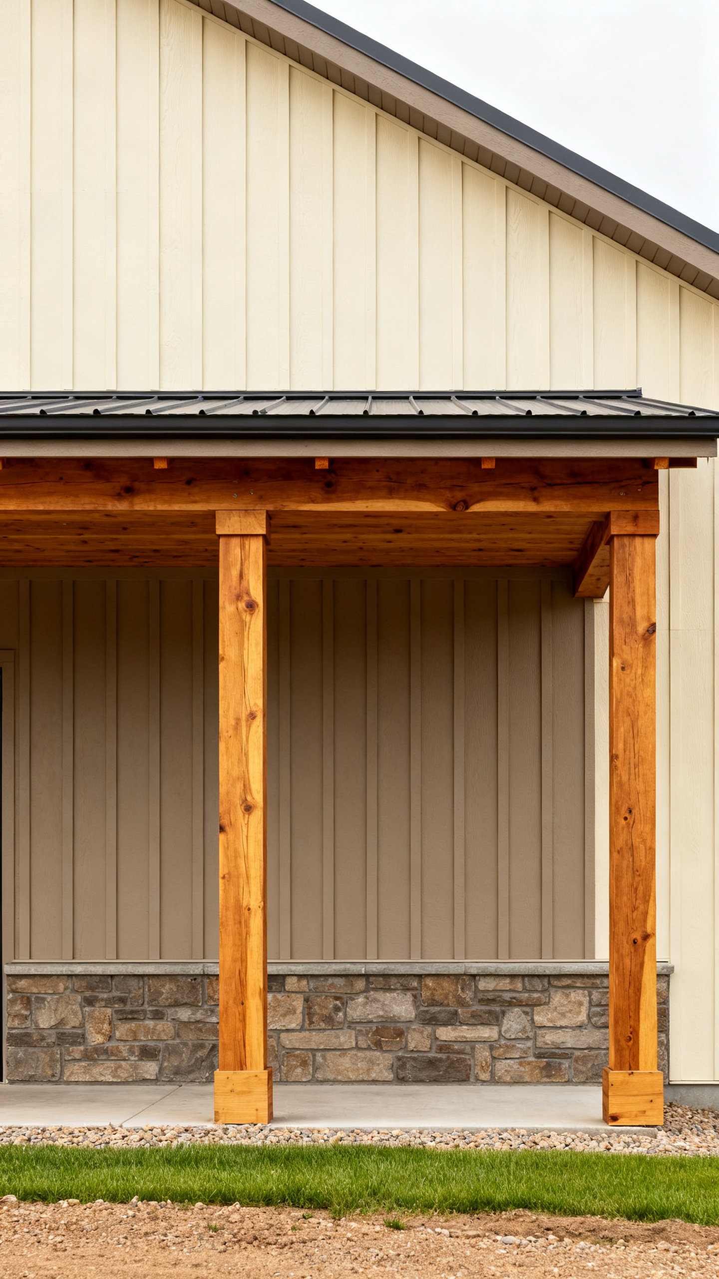Idaho barndominium exterior with board-and-batten siding and warm wood accents