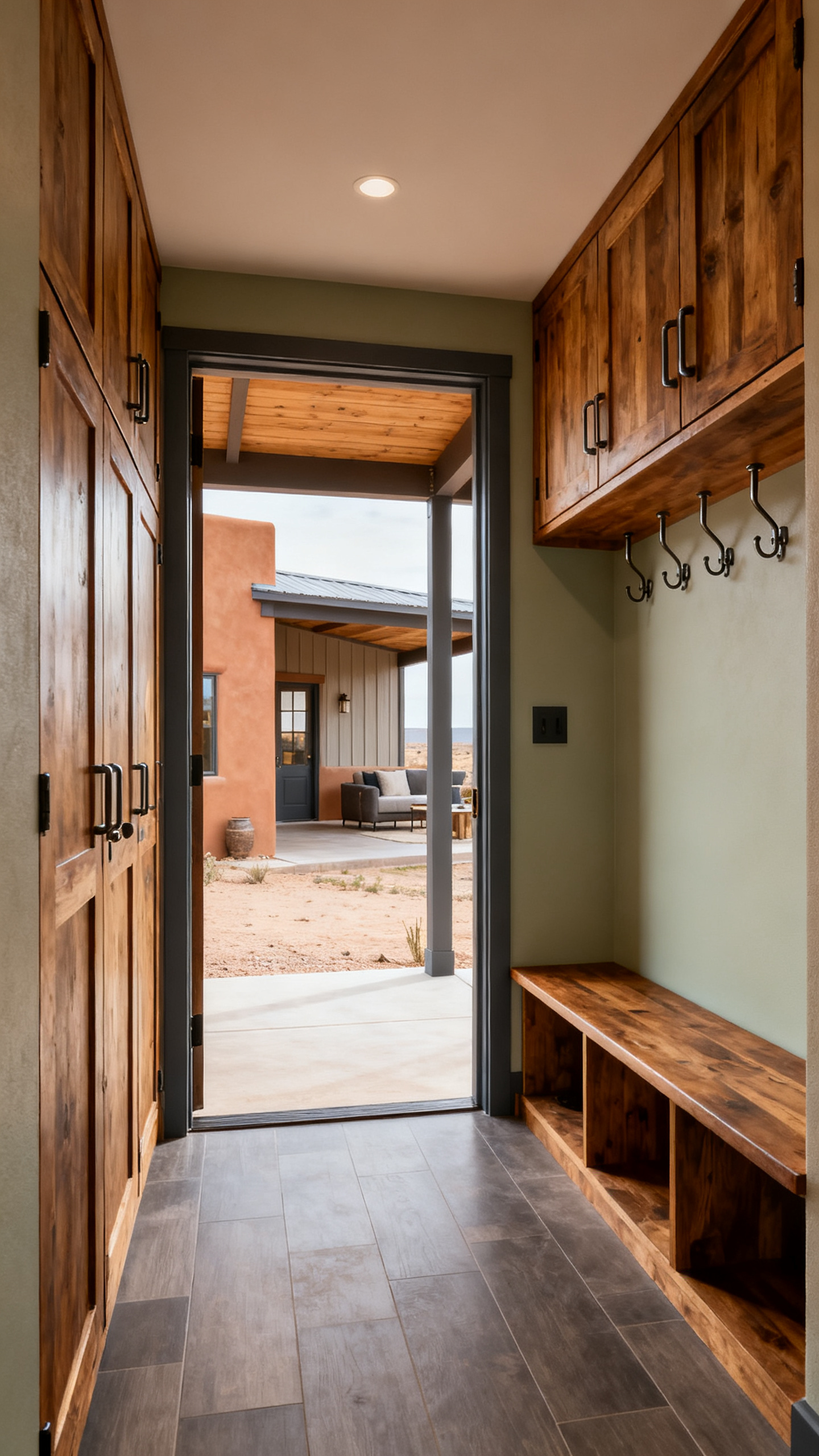 Functional barndominium entry with built-in storage and warm desert-inspired finishes