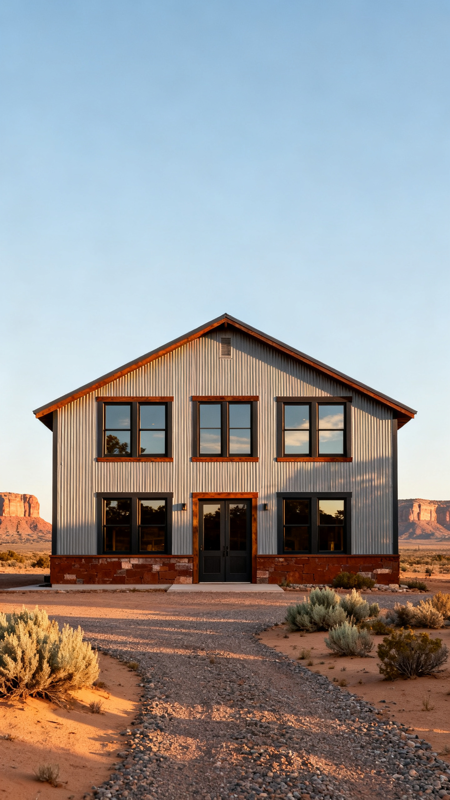 New Mexico barndominium facade with balanced windows and desert curb appeal