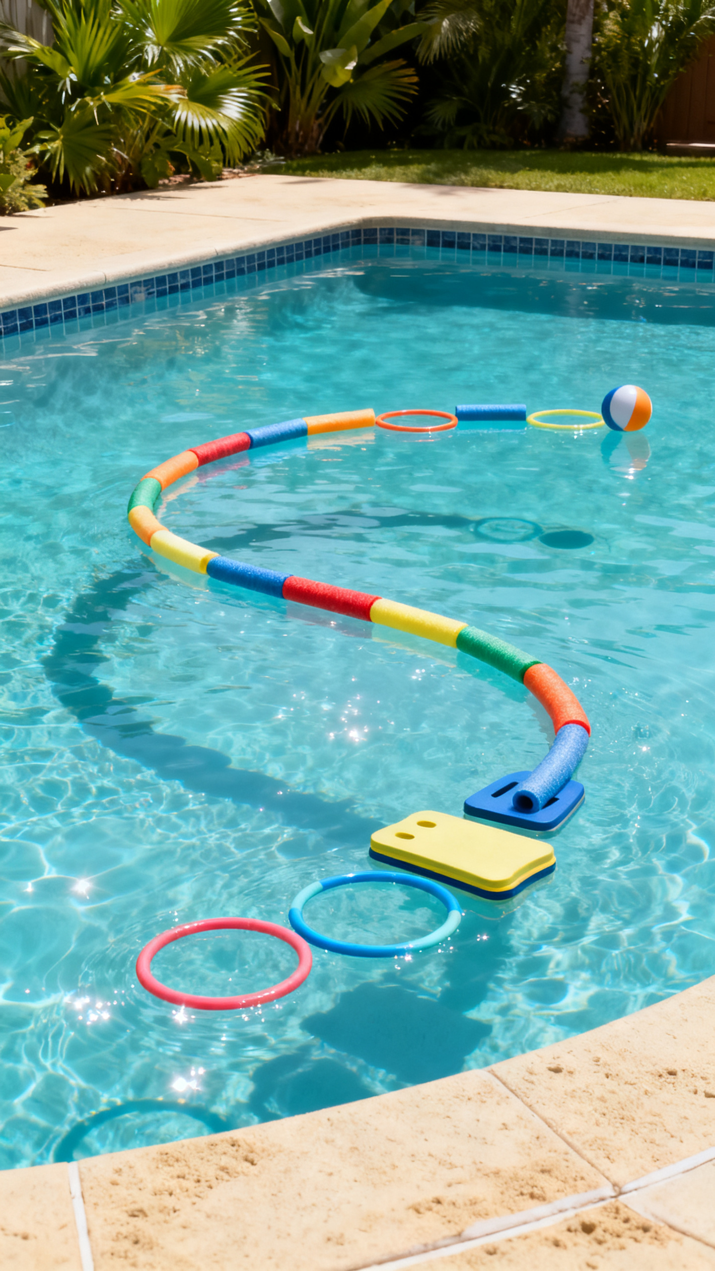 Swimming ideas setup with pool noodles, dive rings, and kickboard in a backyard pool