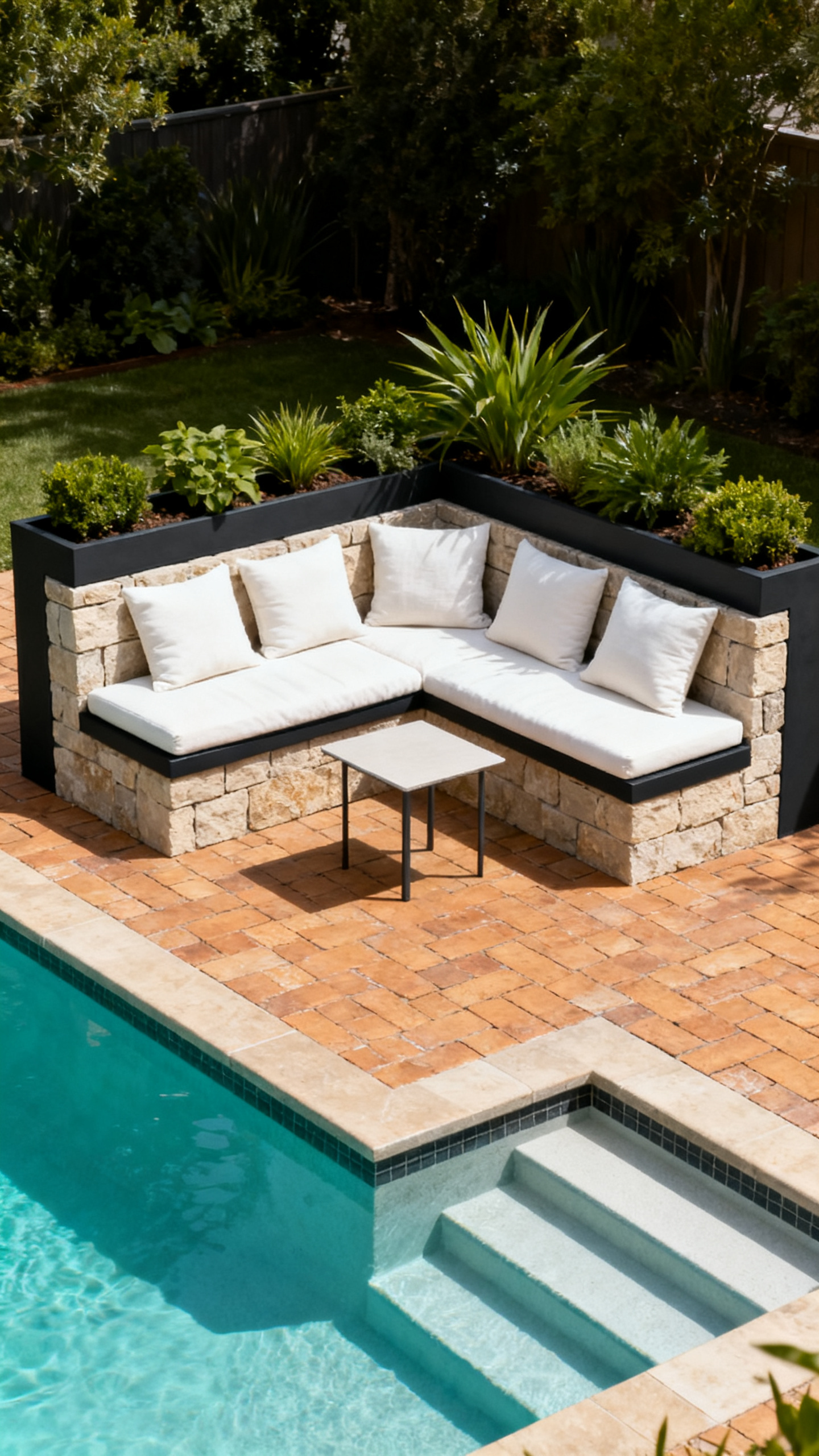 Pool ideas with built-in corner seating, integrated steps, stone pavers, and calm planting