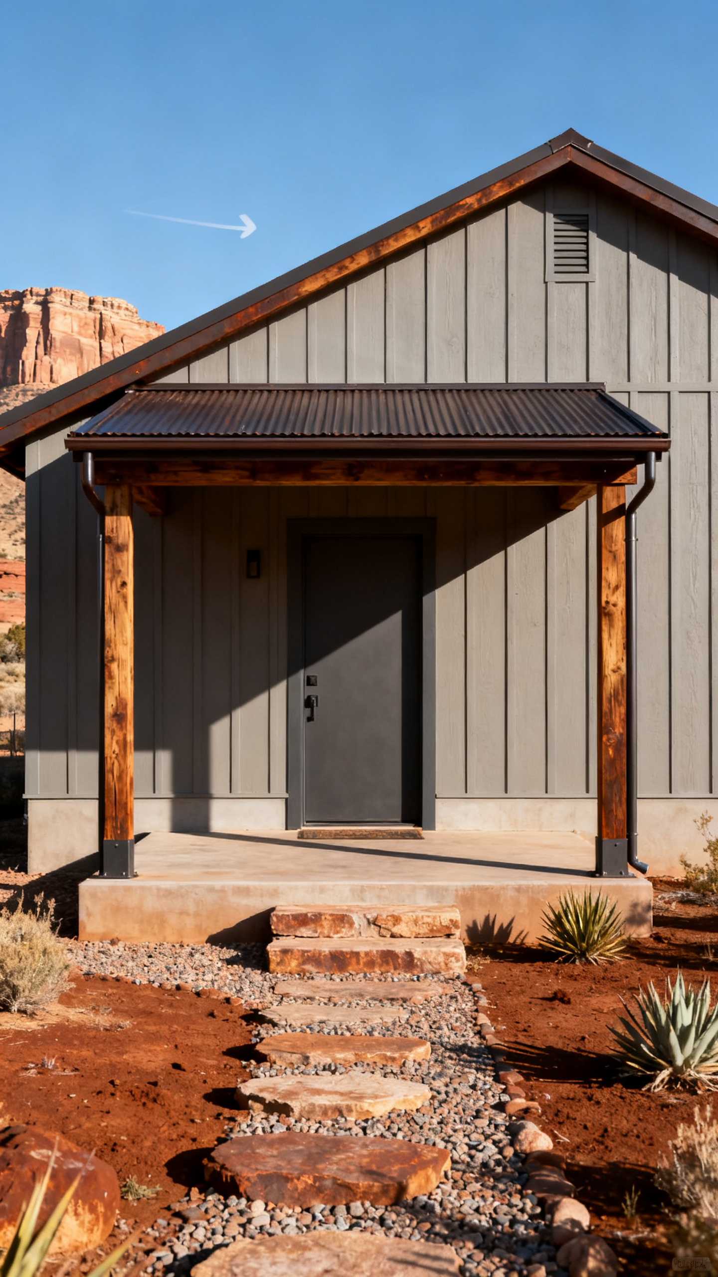 New Mexico barndominium shaded front entry with metal awning and desert plants