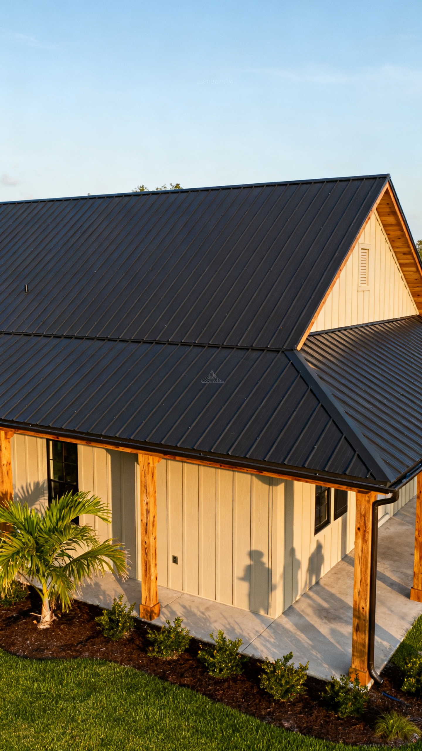 Florida barndominium with dark metal gabled roof, gutters, warm siding, and landscaped lawn
