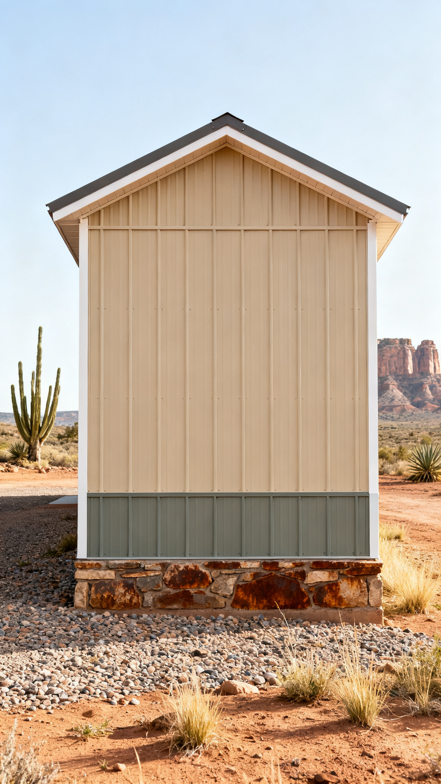 New Mexico barndominium exterior with matte metal siding and desert landscaping