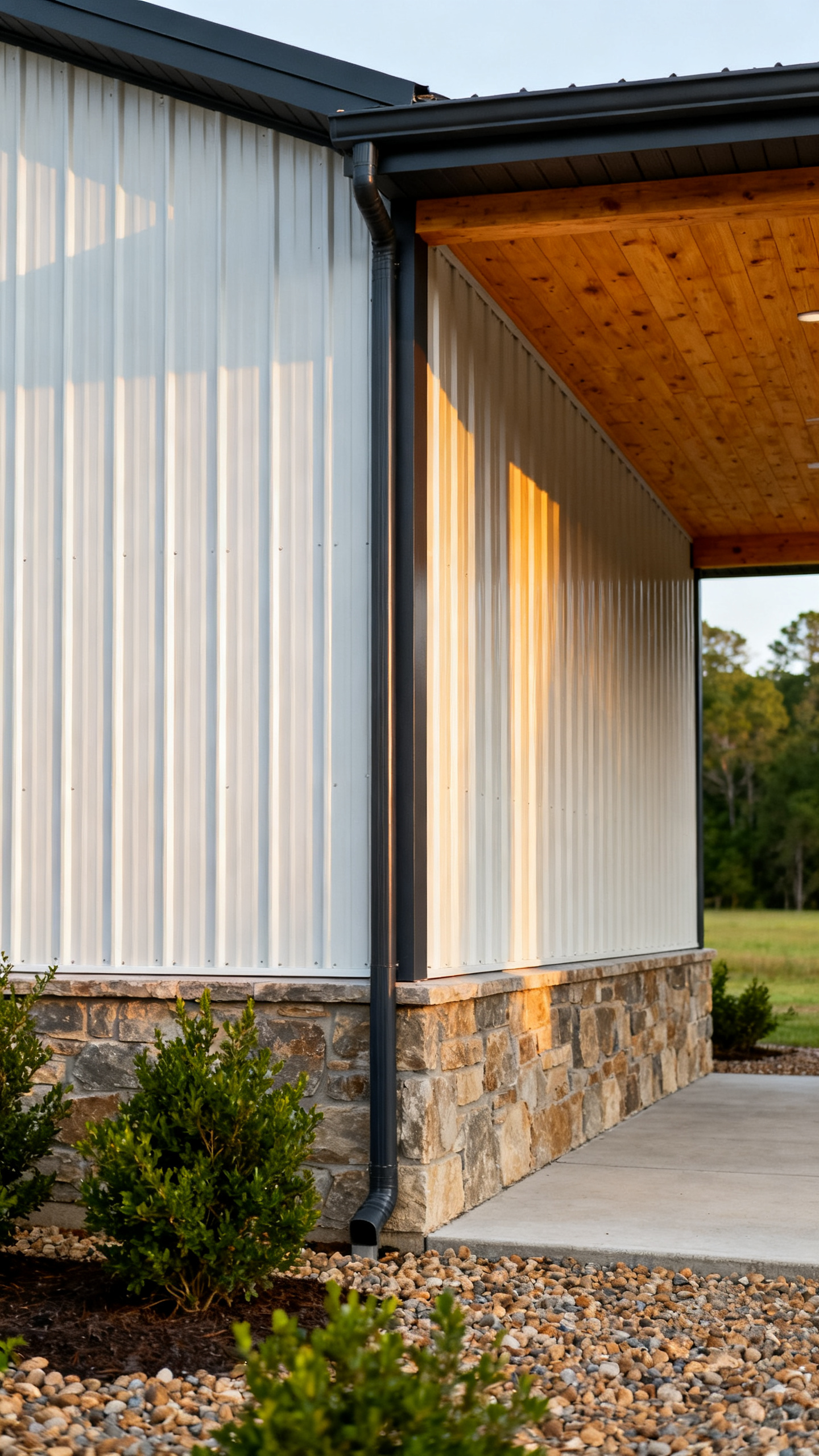 South Carolina barndominium metal siding with wood porch detail, stone base, and clean trim