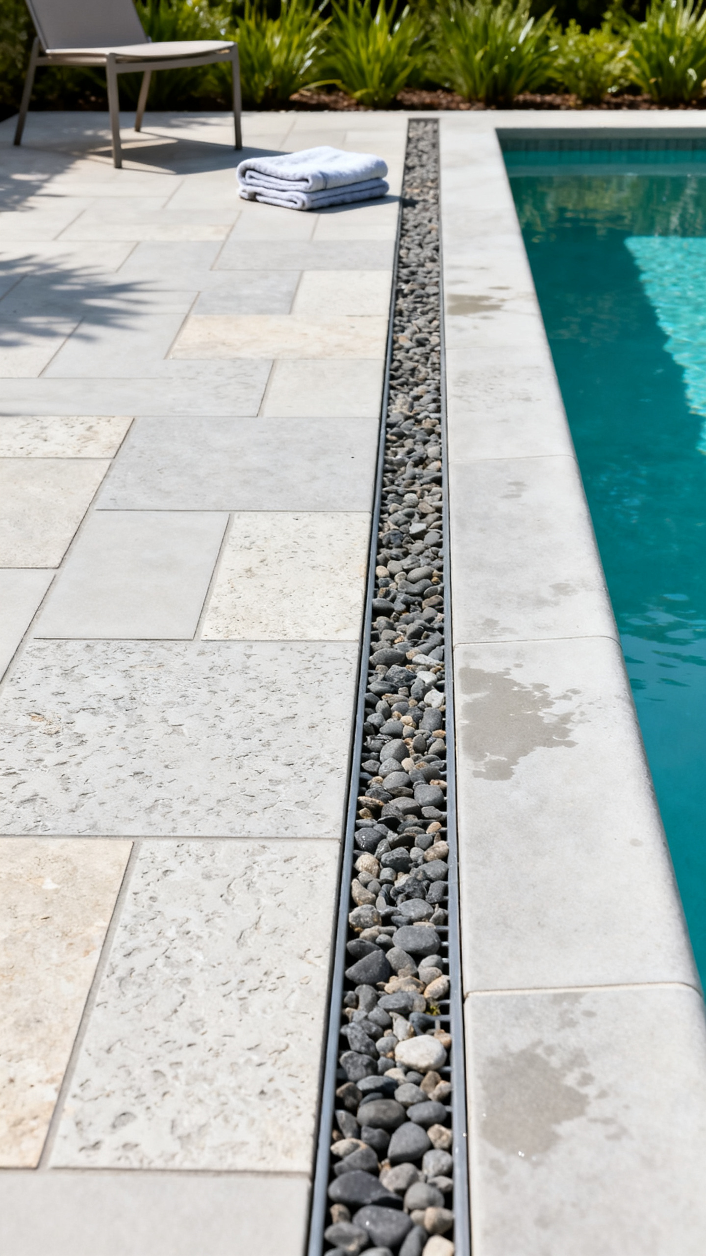 Pool ideas with textured pavers, a subtle drain, gravel channel, and clean aqua water