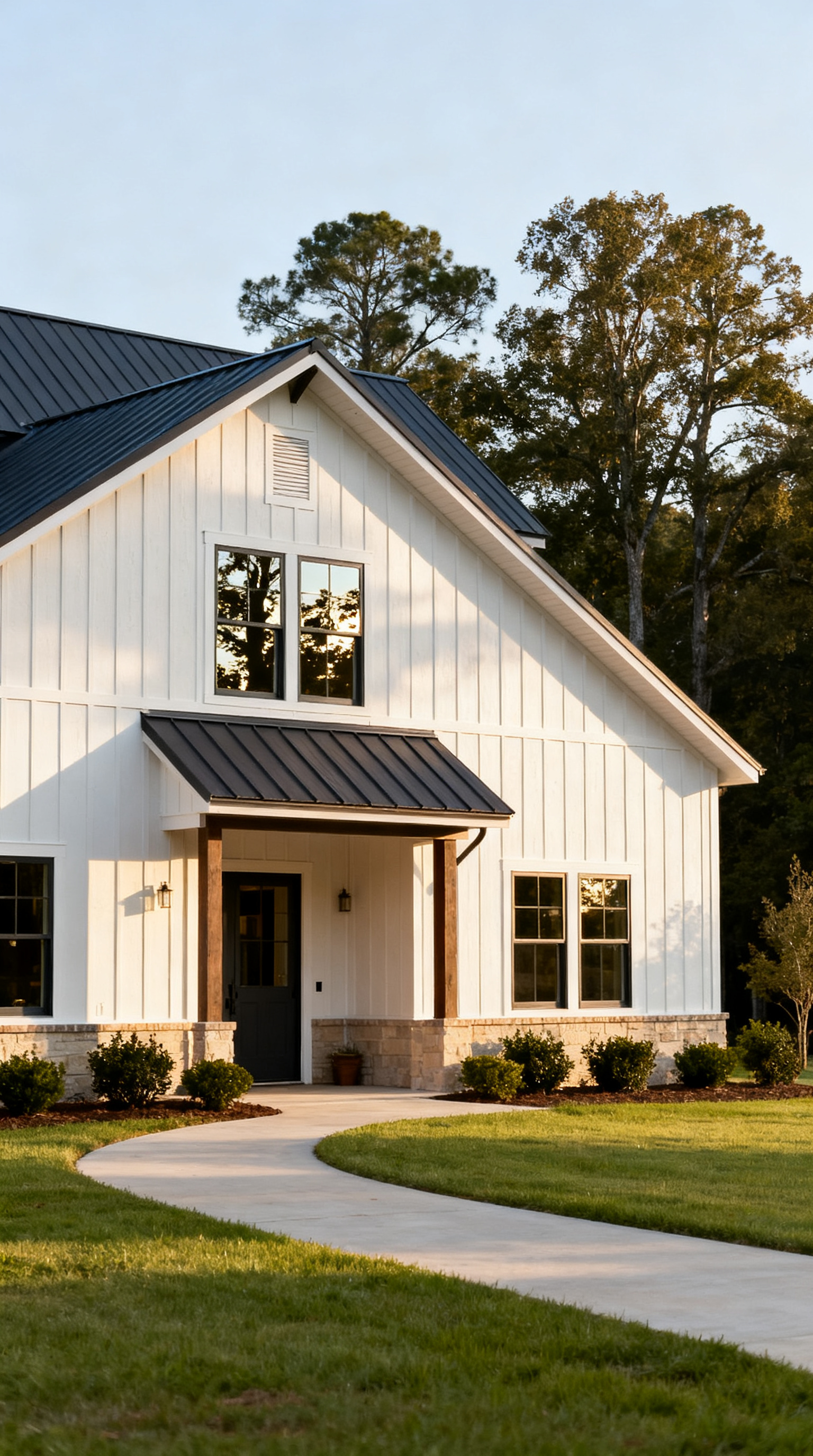Modern white farmhouse with black roof and trim, front porch, and landscaped lawn with curved walkway, set against a backdrop of tall trees.