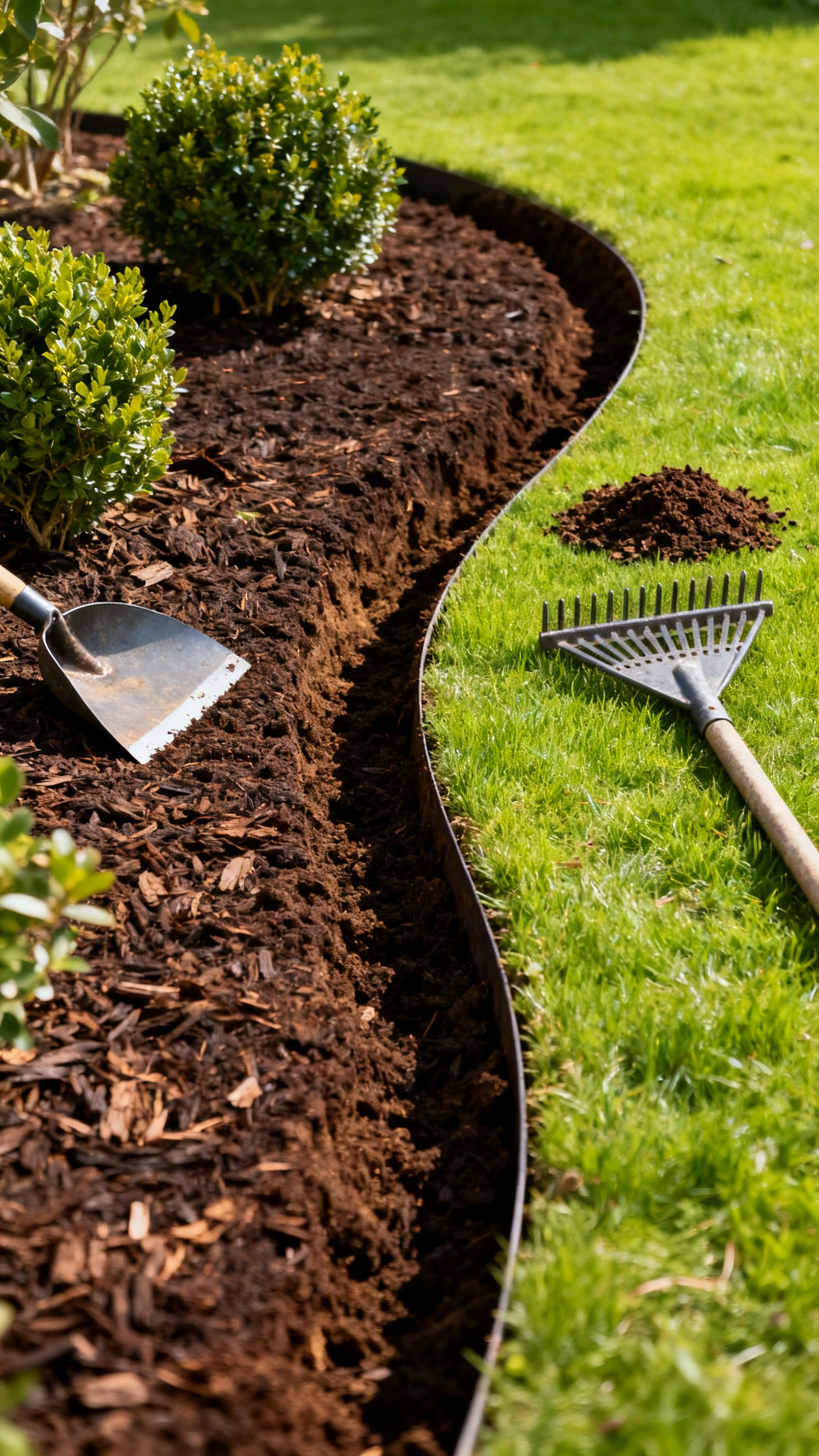 Garden corner ideas showing crisp mulch edging, lawn, shrubs, and garden tools