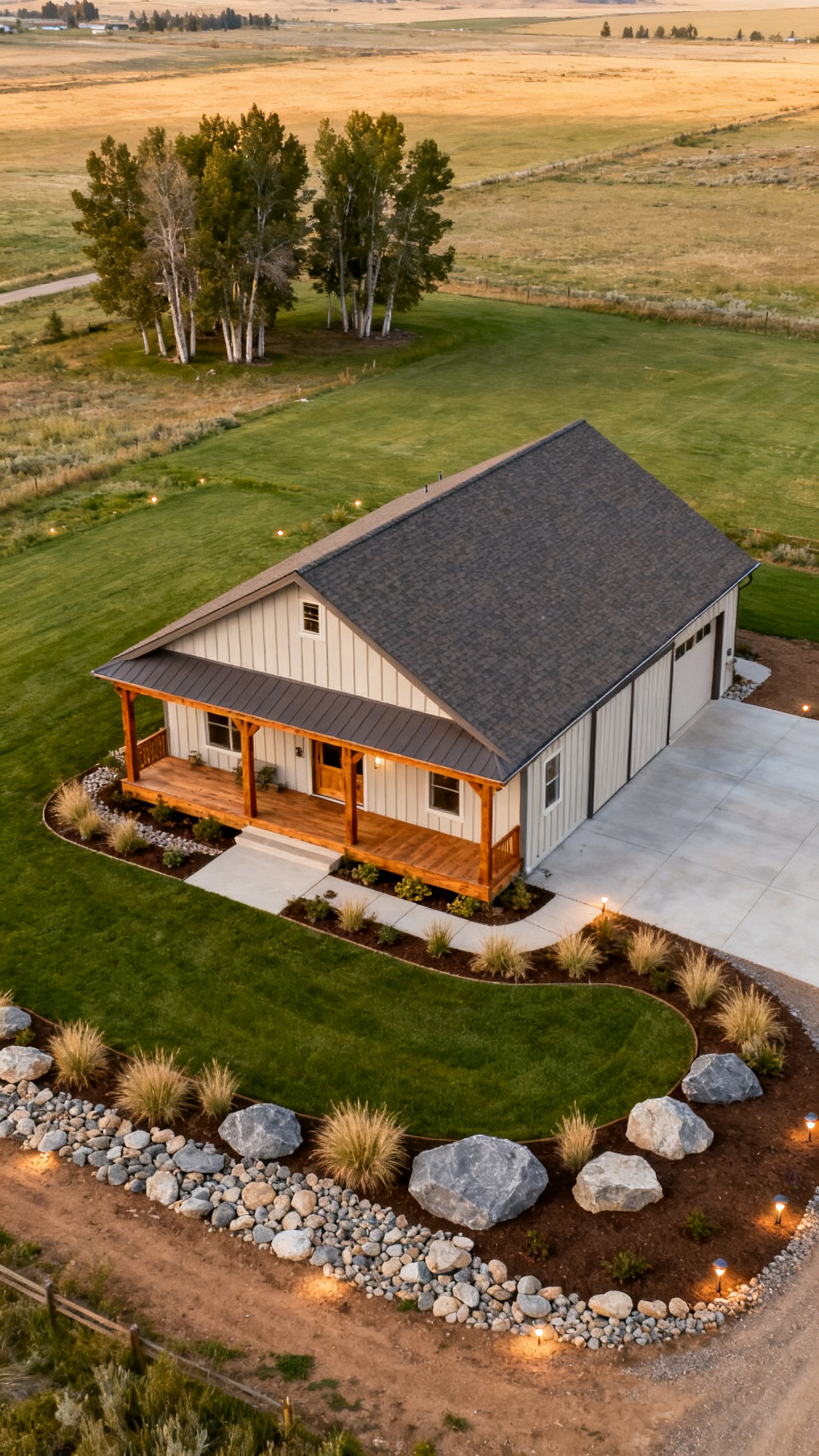Aerial view of a modern single-story house with a front porch, landscaped yard, stone pathway, and large grassy area surrounded by fields.
