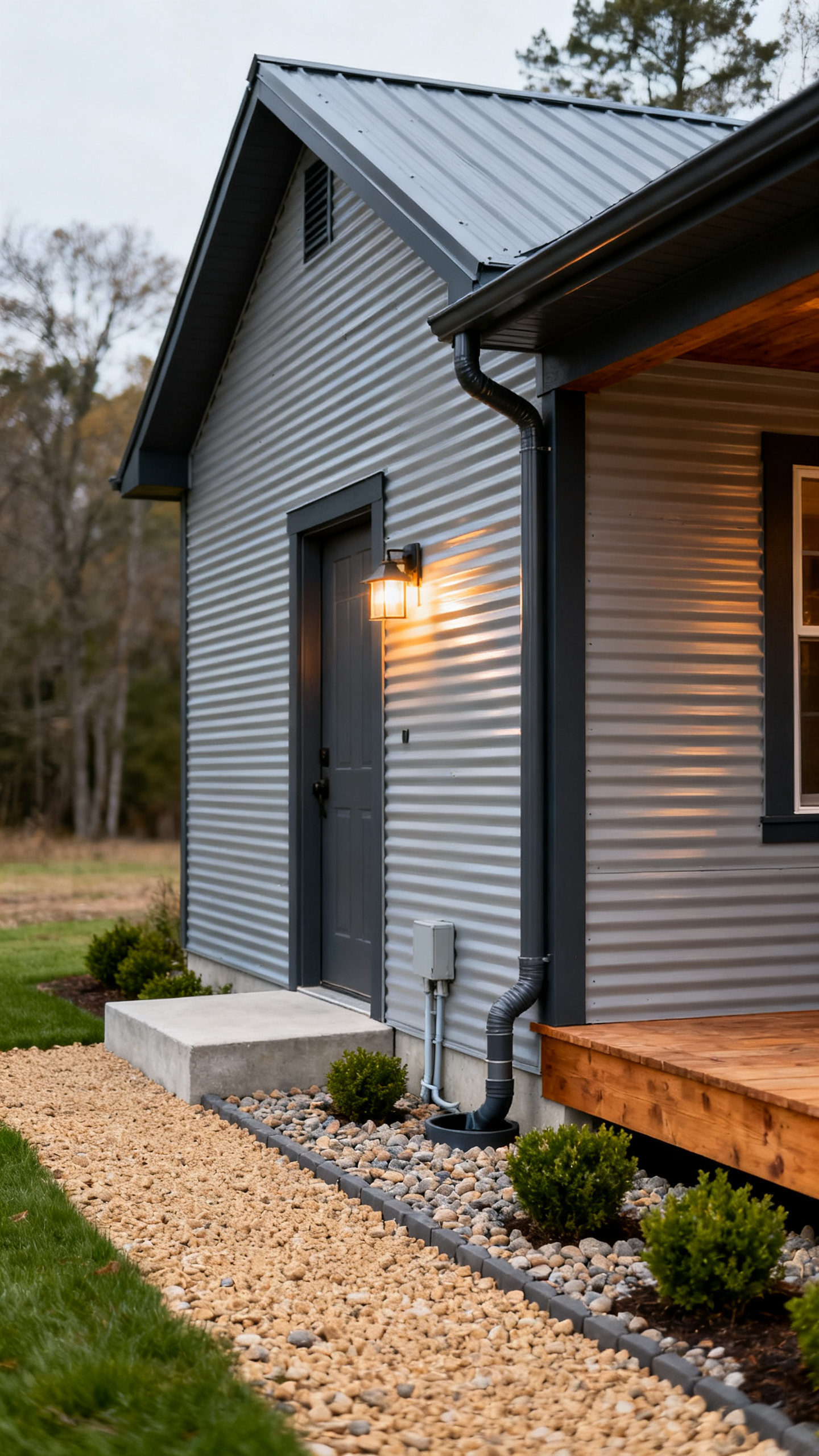 South Carolina barndominium exterior with gutters, lighting, gravel drainage, and clean trim details