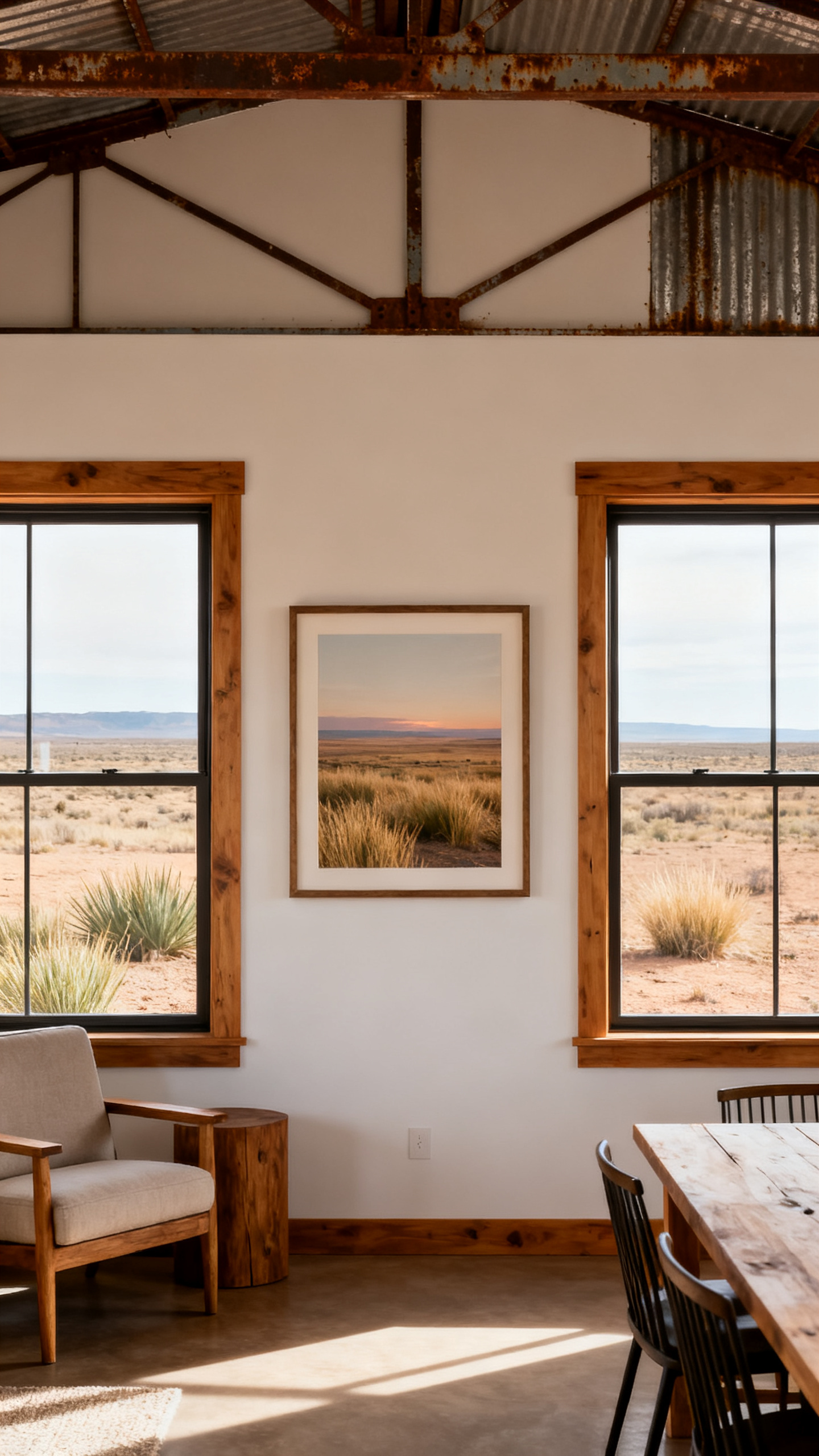 Barndominium interior with large windows framing New Mexico desert views
