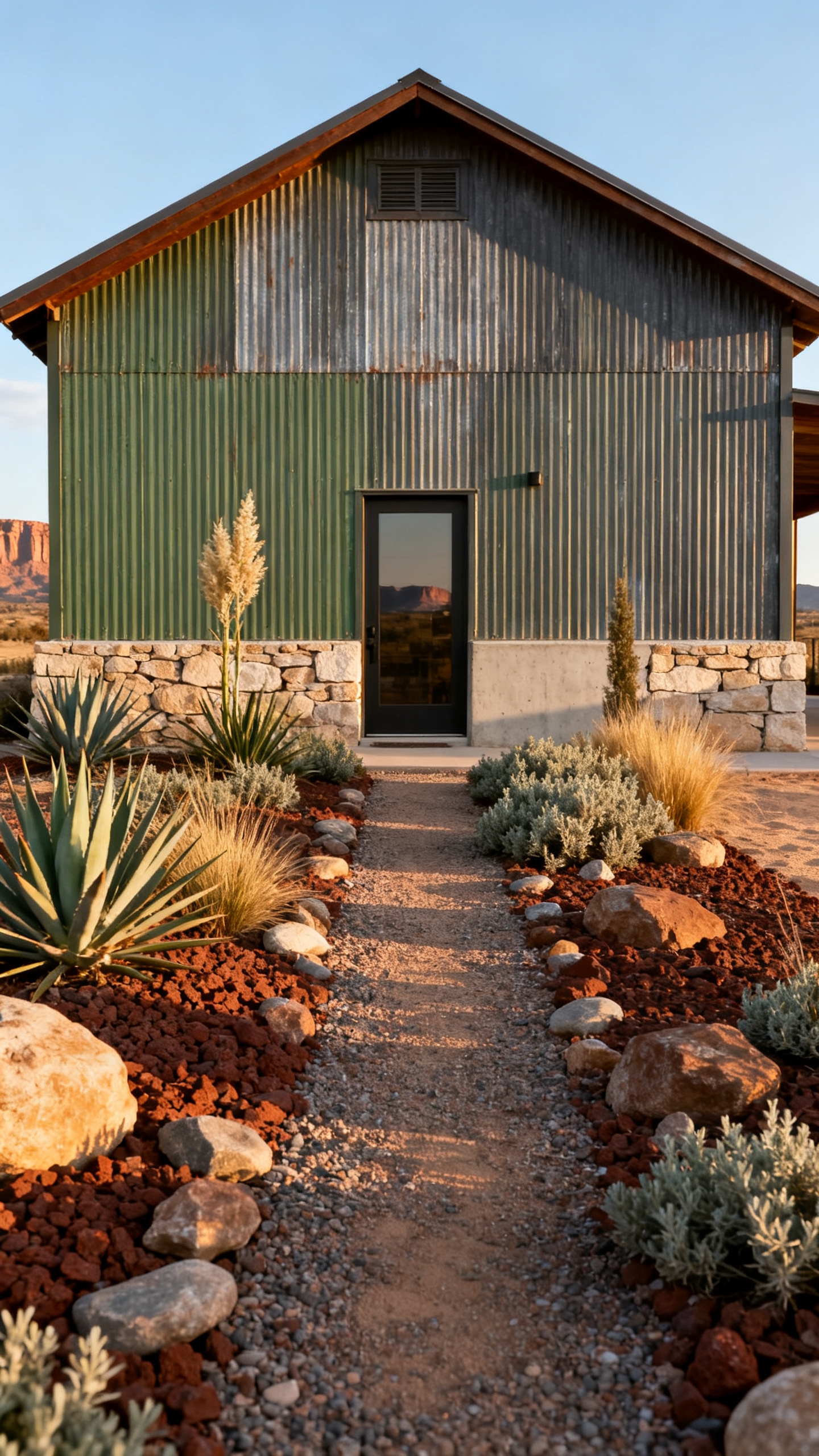 New Mexico barndominium with native desert landscaping and gravel path