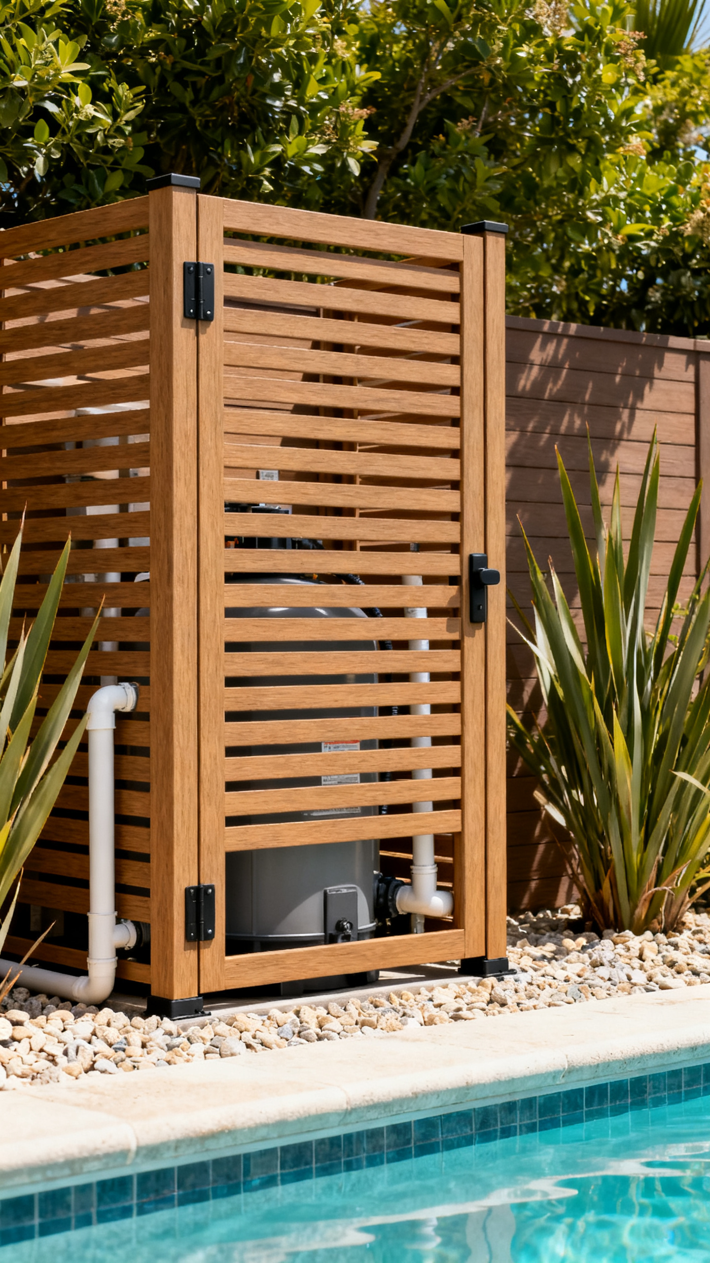 Pool ideas with a slatted equipment screen, gravel base, tidy plants, and visible pool edge