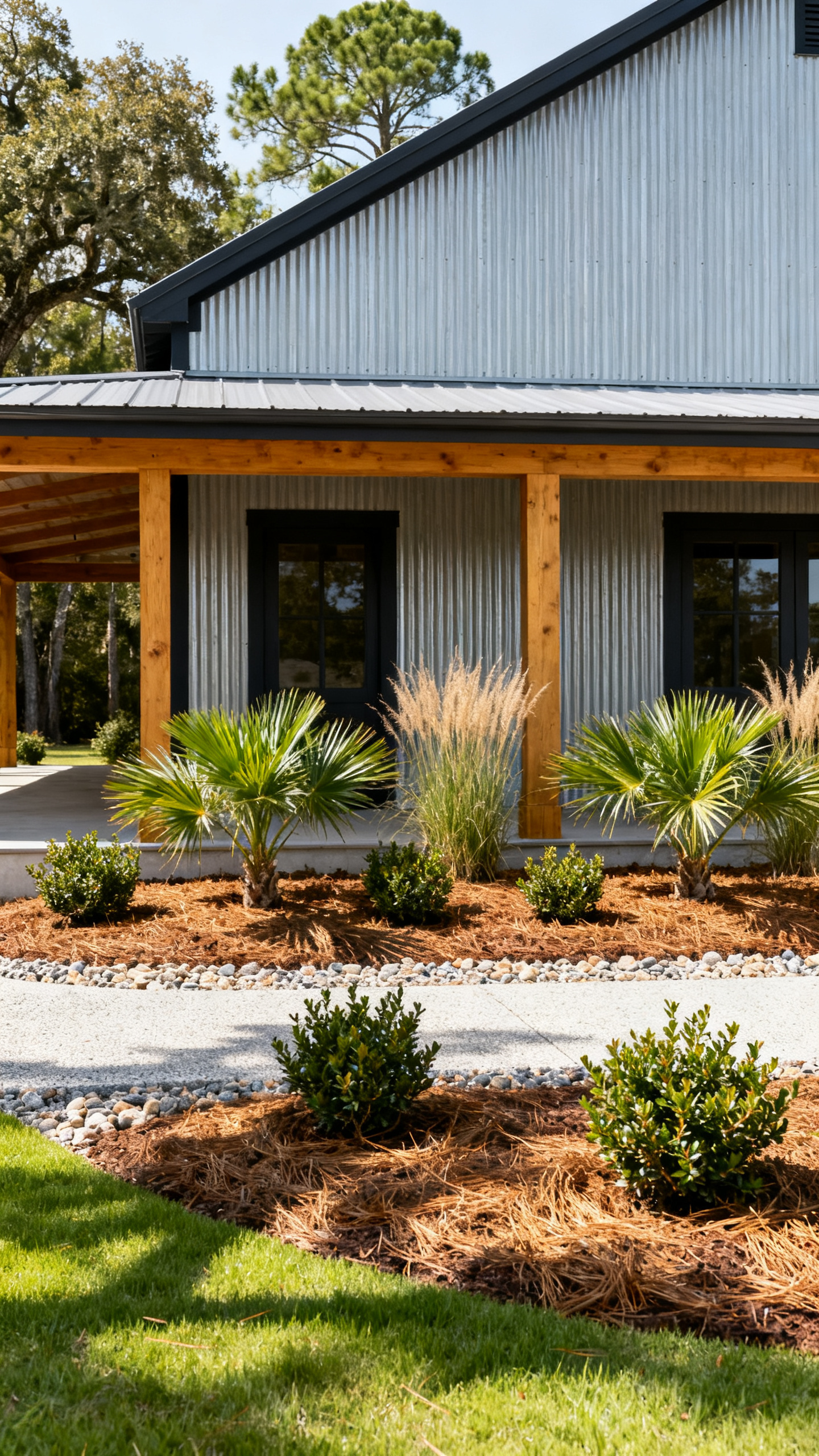 South Carolina barndominium landscaping with native shrubs, pine straw, lawn, and metal siding