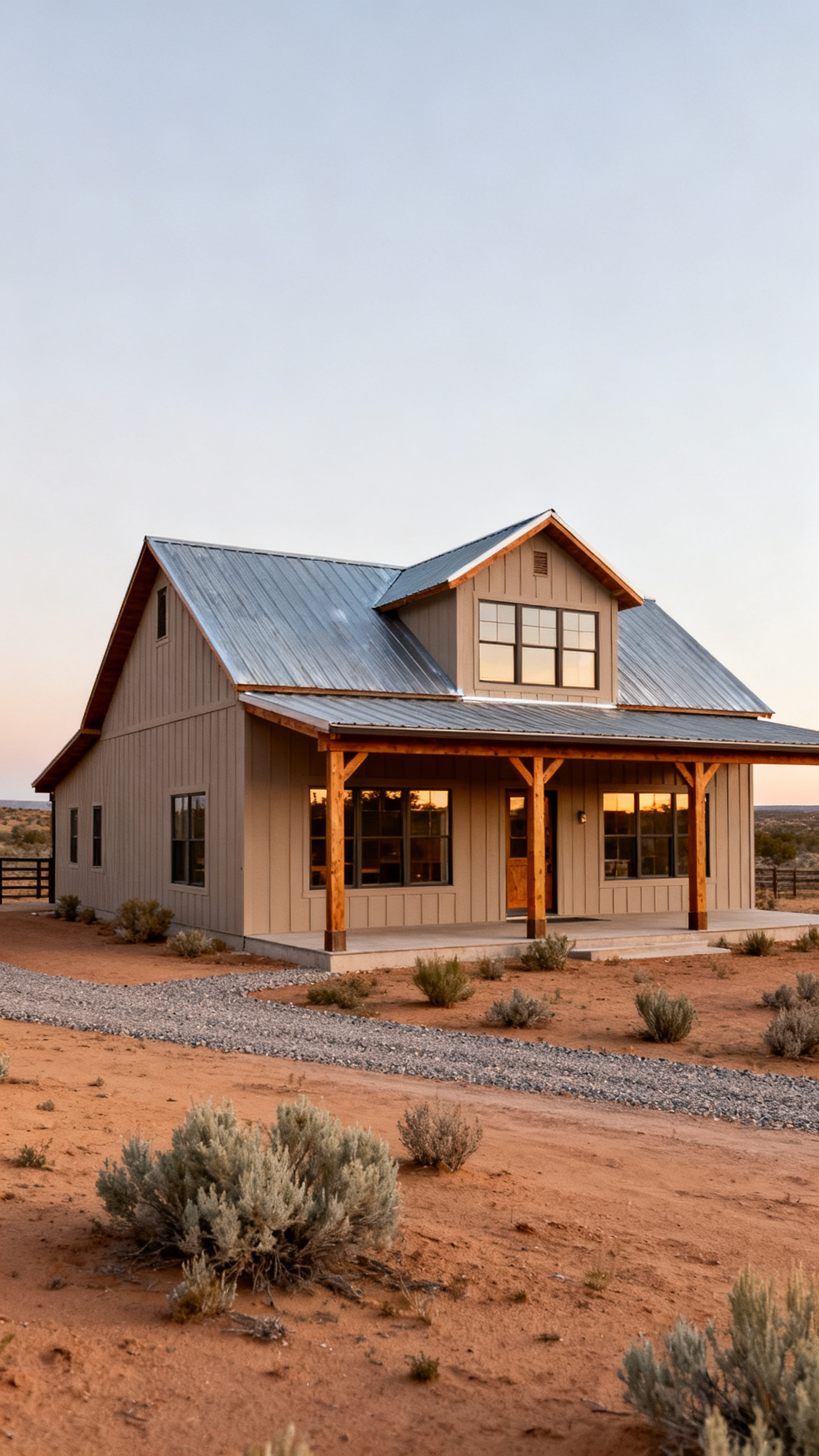 Simple gabled New Mexico barndominium exterior with clean massing and metal roof