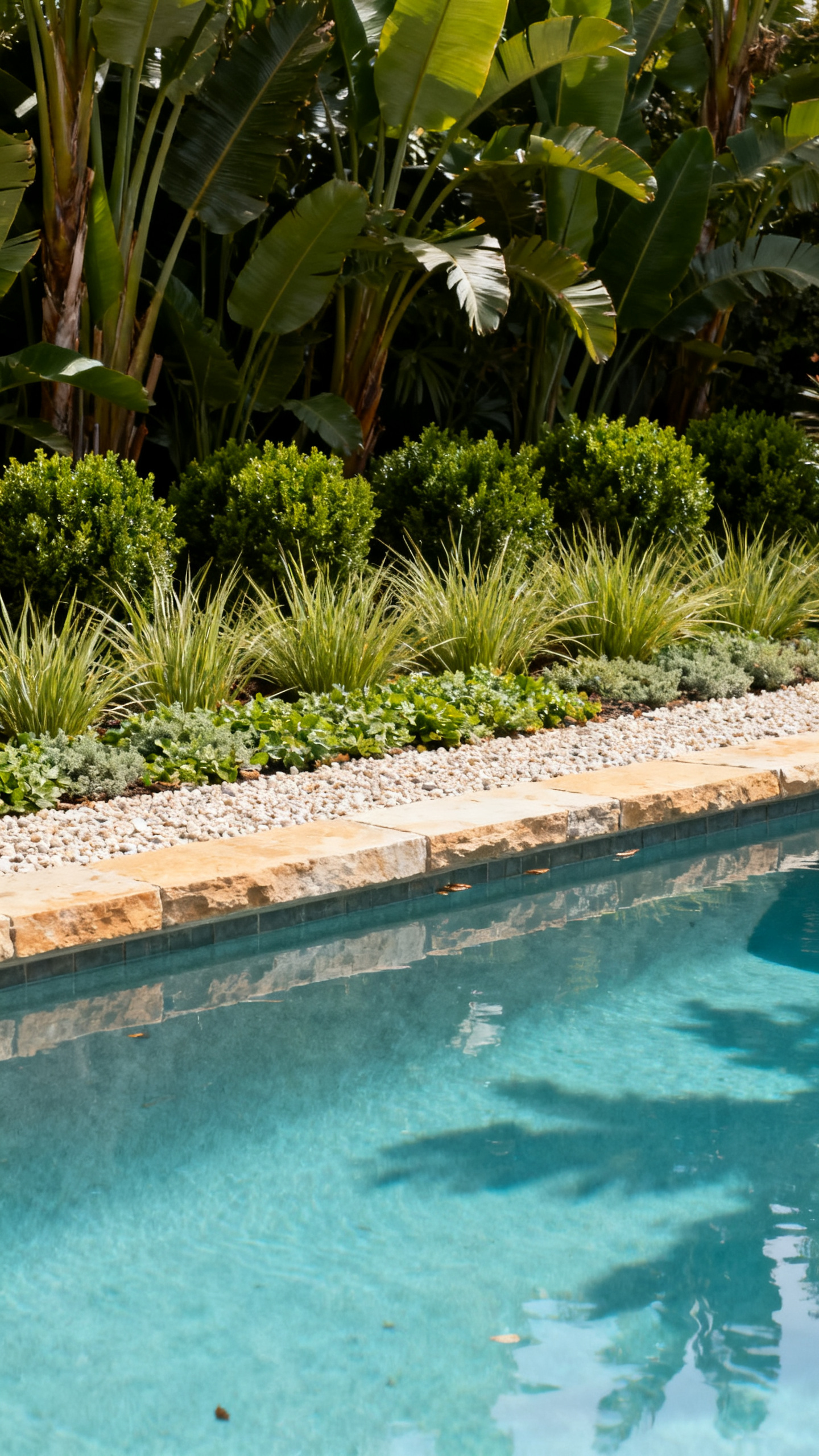 Pool ideas with layered landscaping, gravel border, ornamental grasses, and clear aqua water