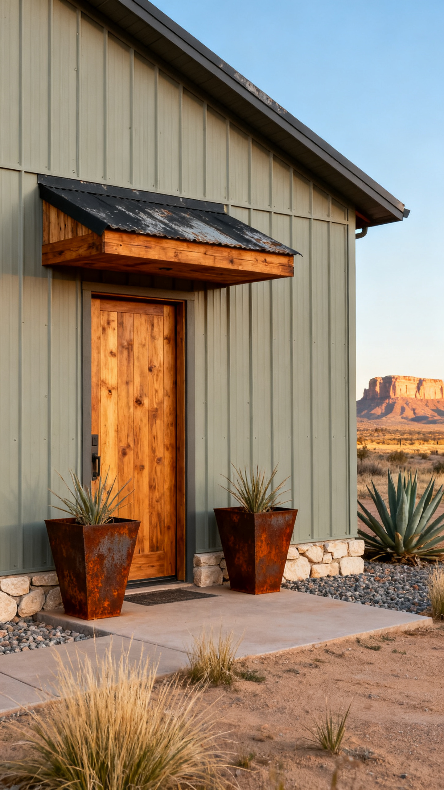 New Mexico barndominium with rust and sage exterior accents in desert light