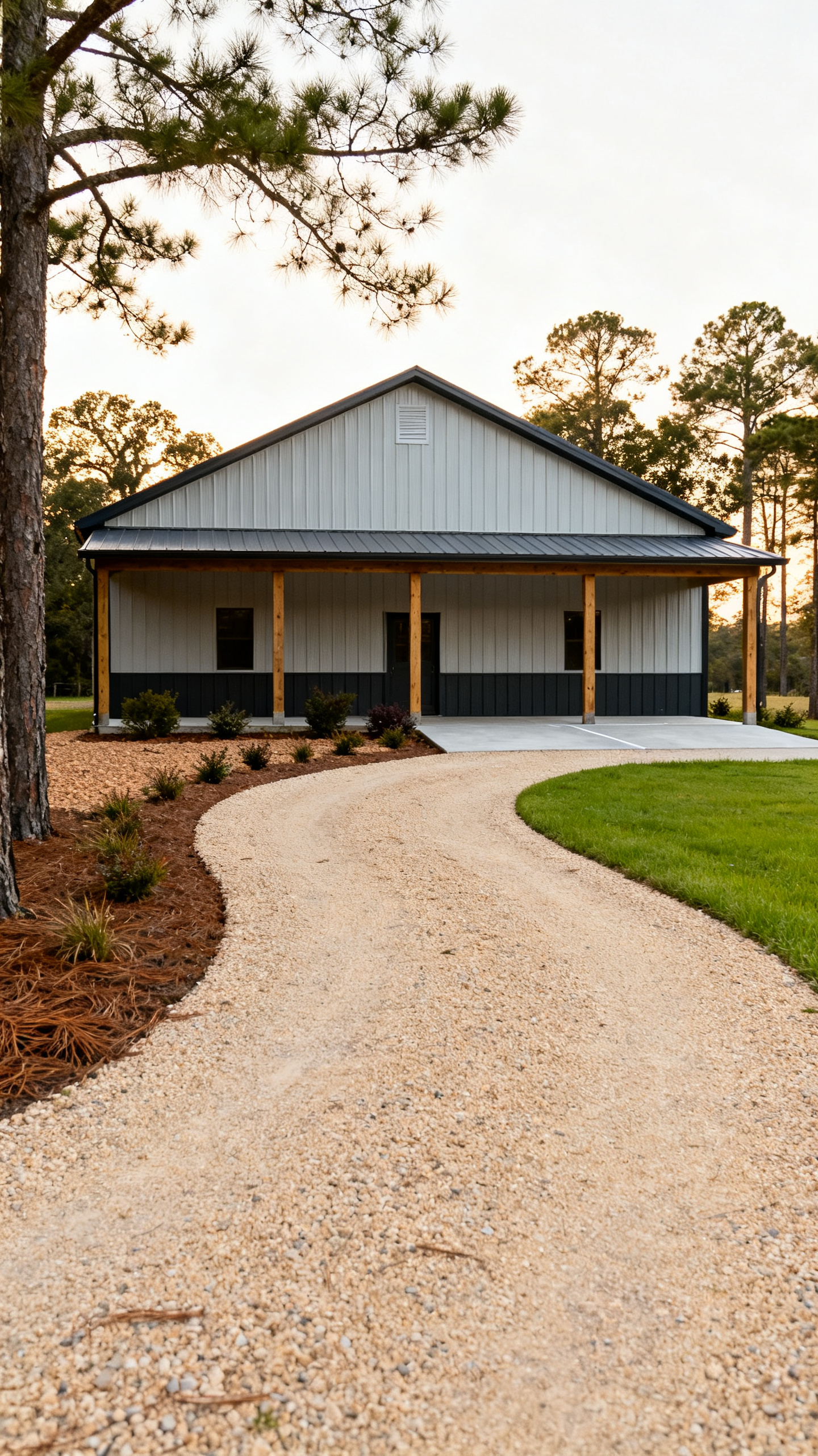South Carolina barndominium with curved gravel driveway, lawn, porch, and wooded rural setting